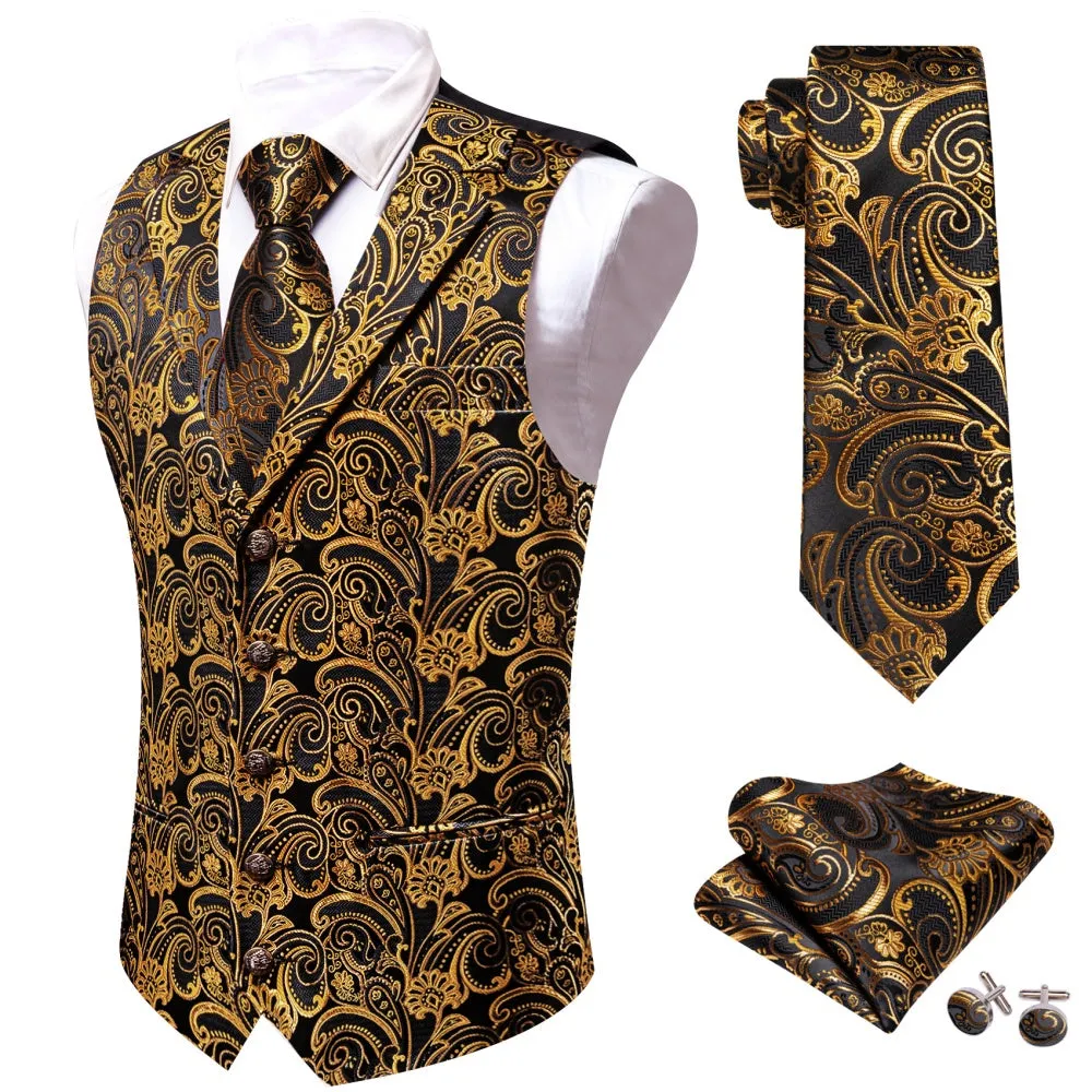 Barry. Wang Mens Paisley Suit Waistcoat Gold Dress Vest Tie Pocket Square Cufflinks Set sold by Barrywang product image thumbnail 2