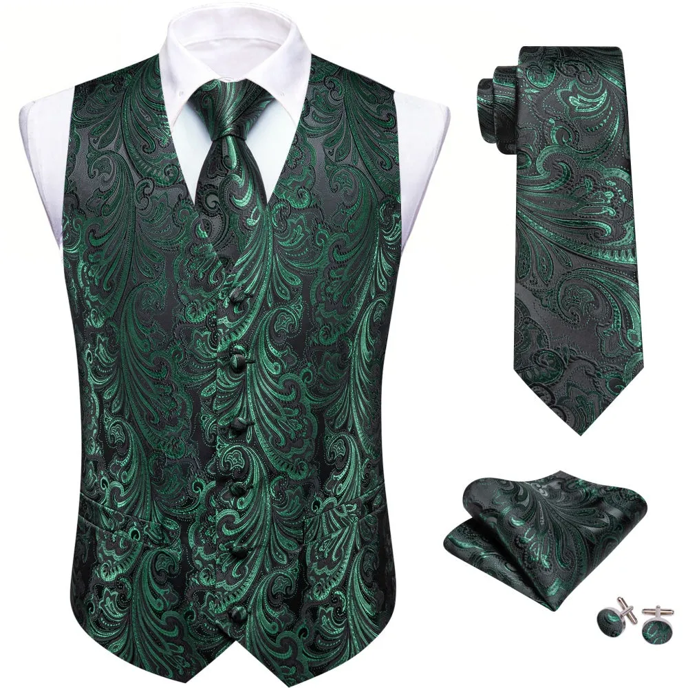 Barry. Wang Hunter Green Suit Vest for Men Formal Paisley Mens Vests Tie Hanky Cufflinks Set sold by Barrywang product image thumbnail 2