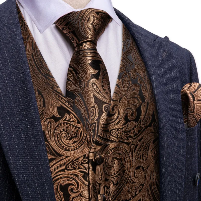 Barry. Wang Brown Suit Vest Paisley Silk V-neck Tuxedo Waistcoat Tie Hanky Cufflinks Set sold by Barrywang