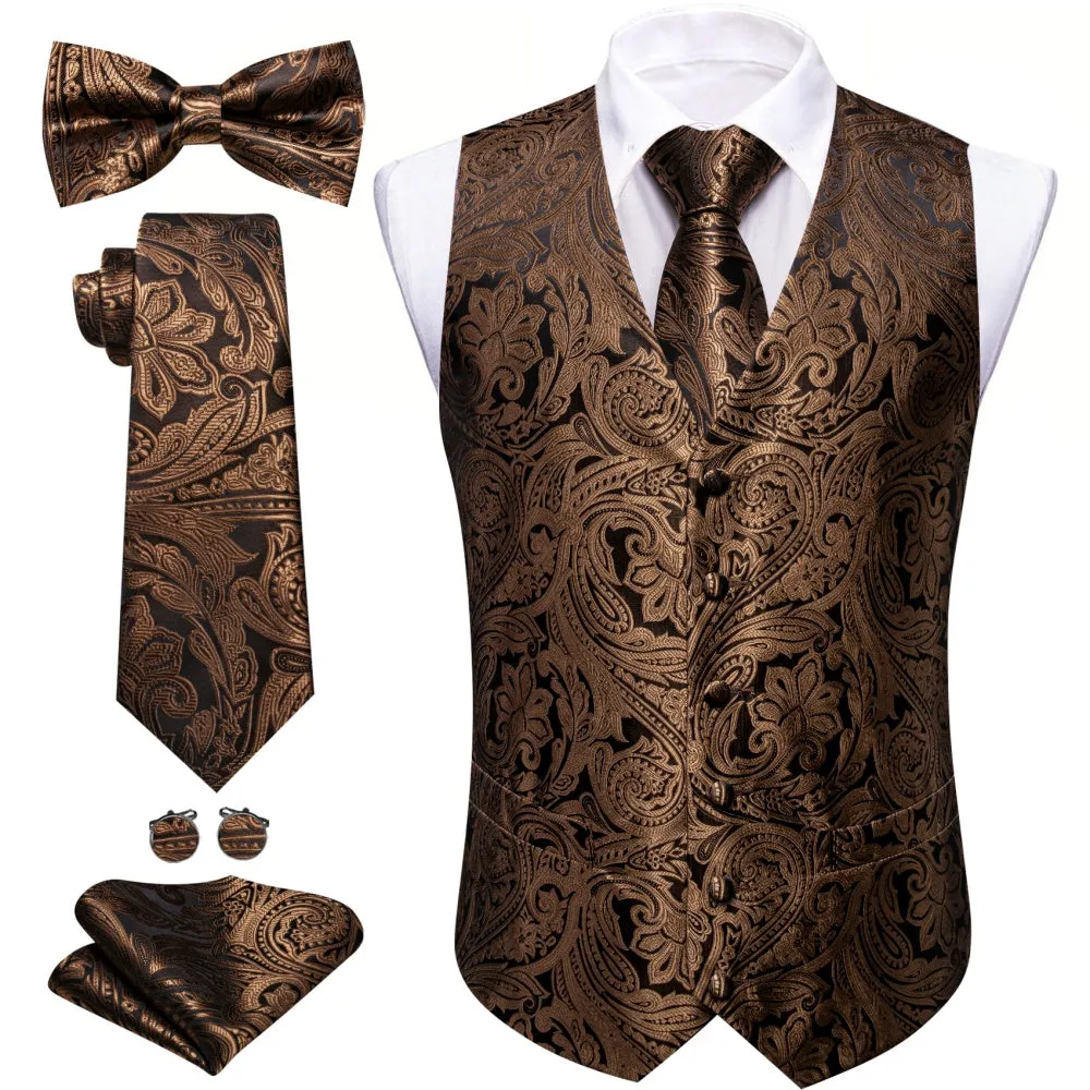 Barry. Wang Brown Suit Vest Paisley Silk V-neck Tuxedo Waistcoat Tie Hanky Cufflinks Set sold by Barrywang product image thumbnail 2