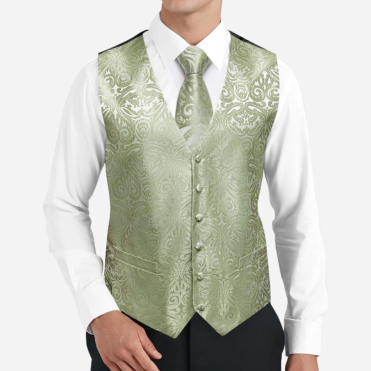 Barry. Wang Paisley Suit Vest Sage Green Jacquard Wedding Vest Tie Hanky Cufflinks Set sold by Barrywang