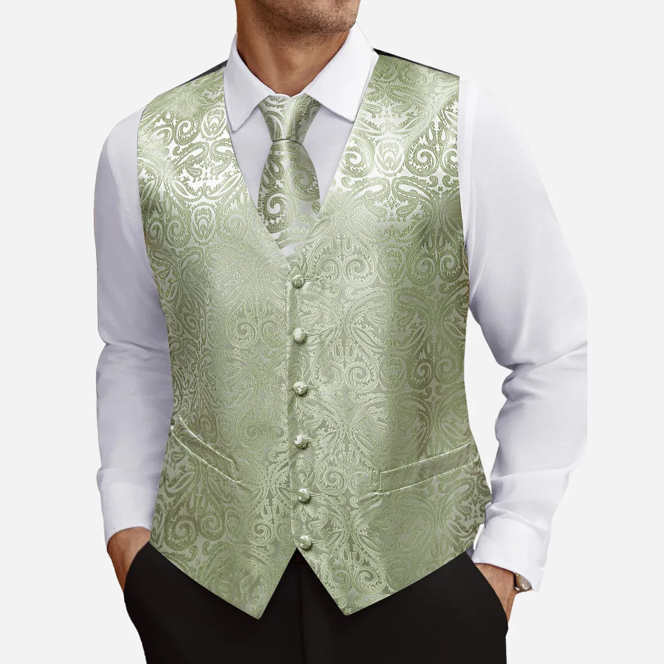 Barry. Wang Paisley Suit Vest Sage Green Jacquard Wedding Vest Tie Hanky Cufflinks Set sold by Barrywang product image thumbnail 4