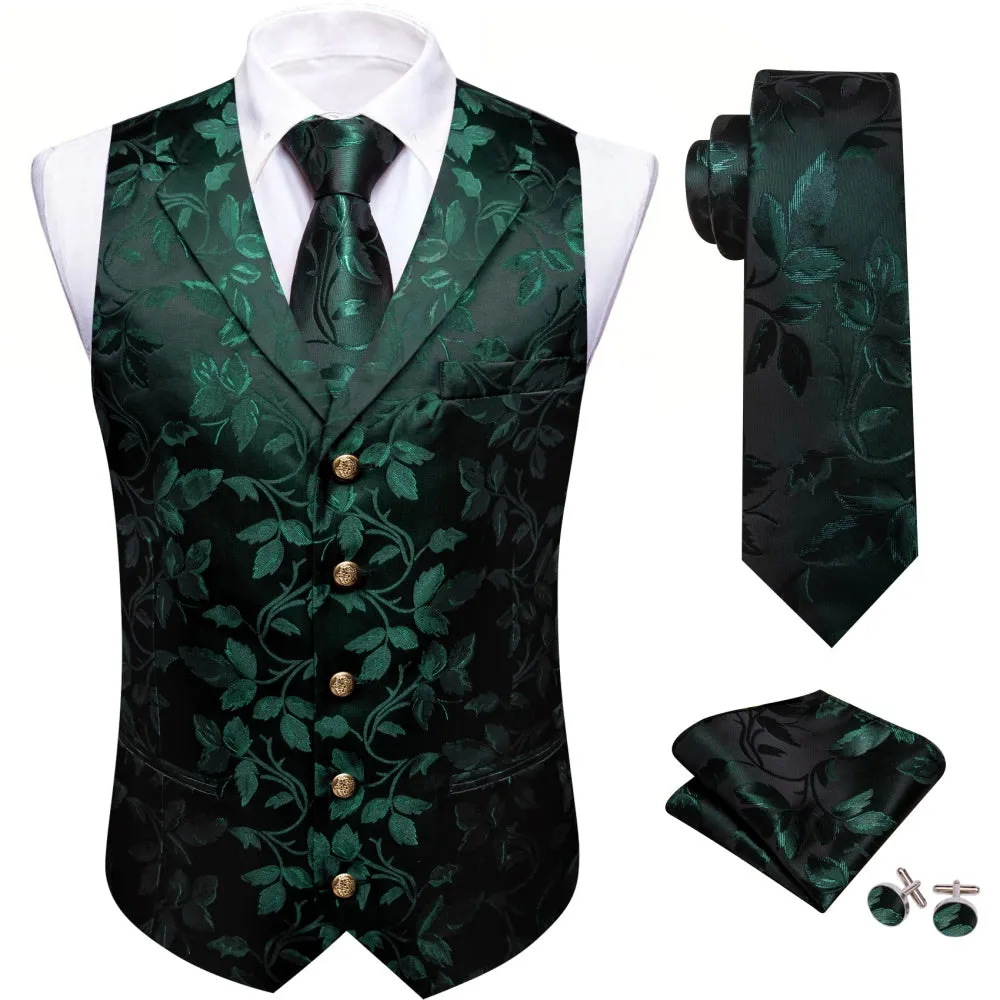 Barry. Wang Hunter Green Floral Suit Vest Black Dress Waistcoat Tie Hanky Cufflinks Set sold by Barrywang product image thumbnail 2