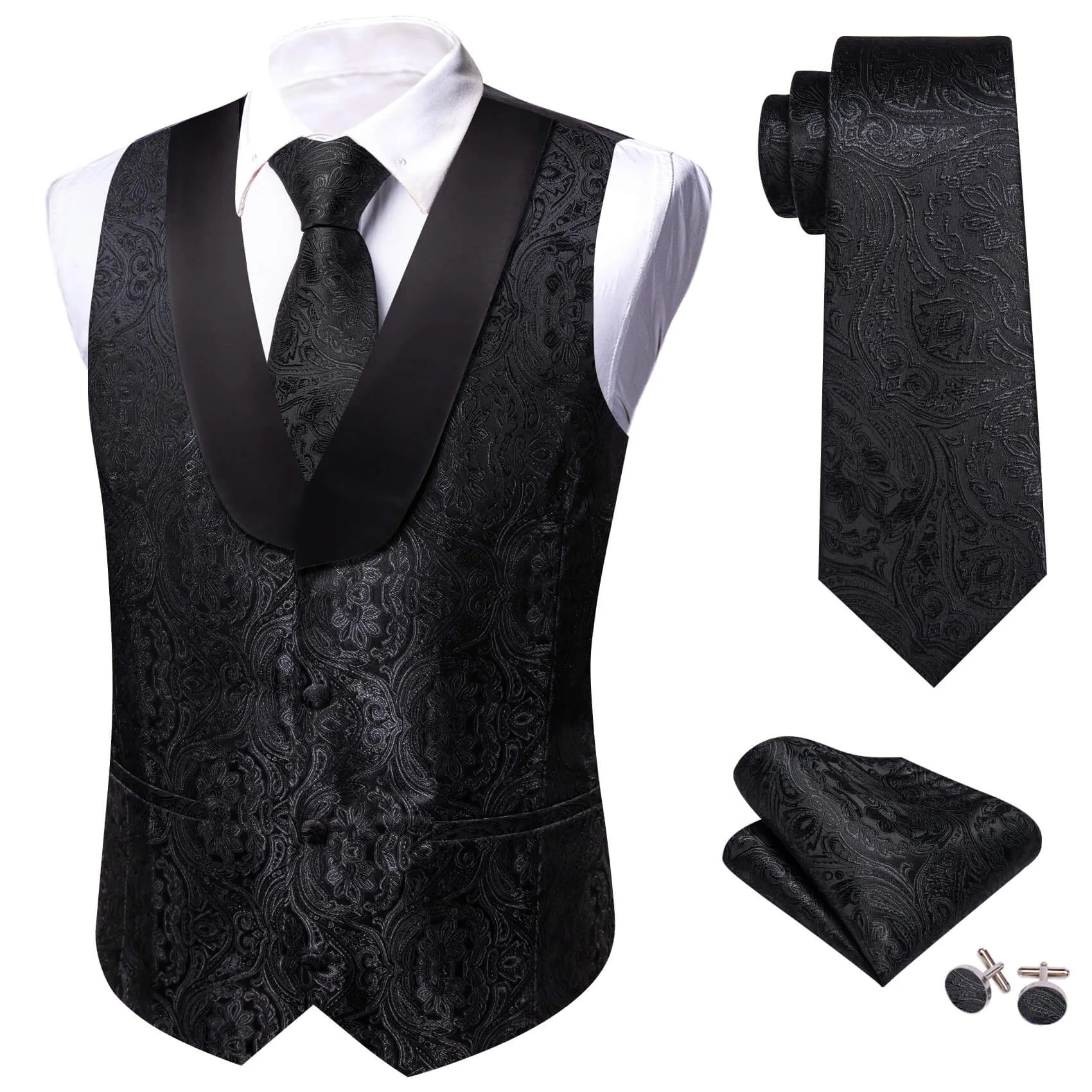 Barry. Wang Mens Shawl Collar Black Paisley Suit Vest Necktie Hanky Cufflinks Set sold by Barrywang product image thumbnail 4