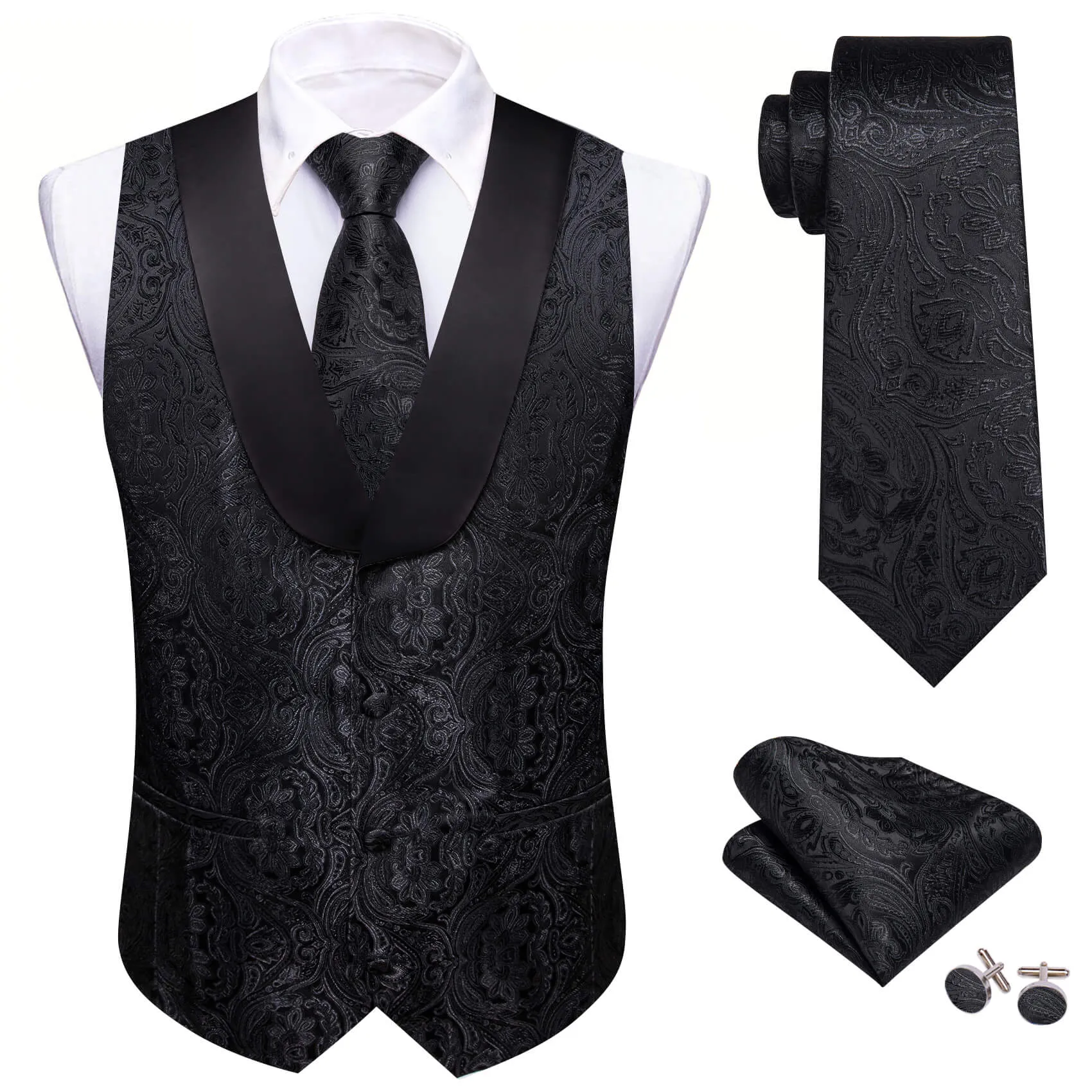 Barry. Wang Mens Shawl Collar Black Paisley Suit Vest Necktie Hanky Cufflinks Set sold by Barrywang product image thumbnail 3