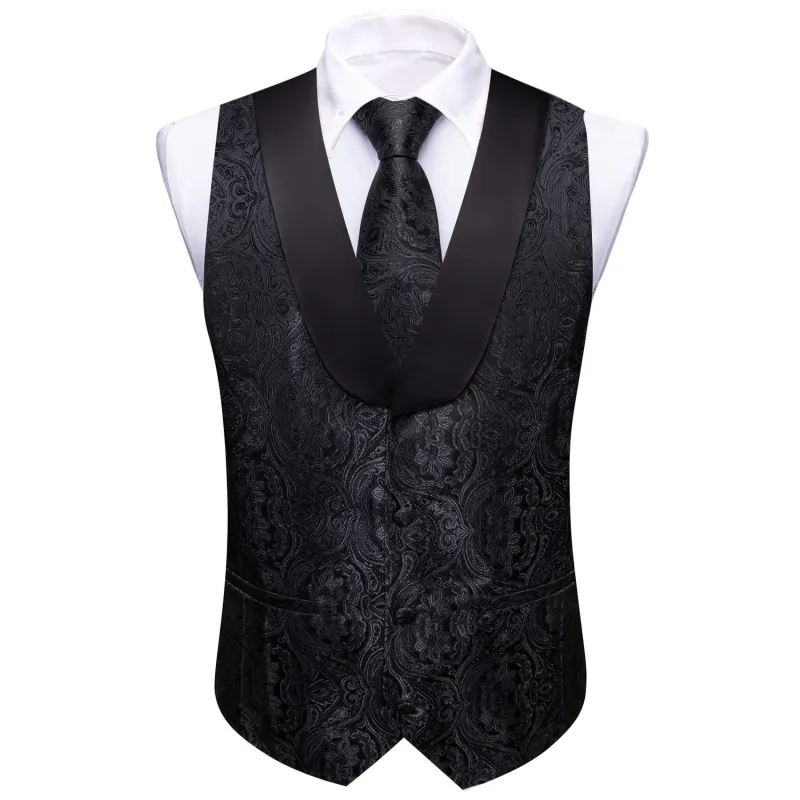 Barry. Wang Mens Shawl Collar Black Paisley Suit Vest Necktie Hanky Cufflinks Set sold by Barrywang