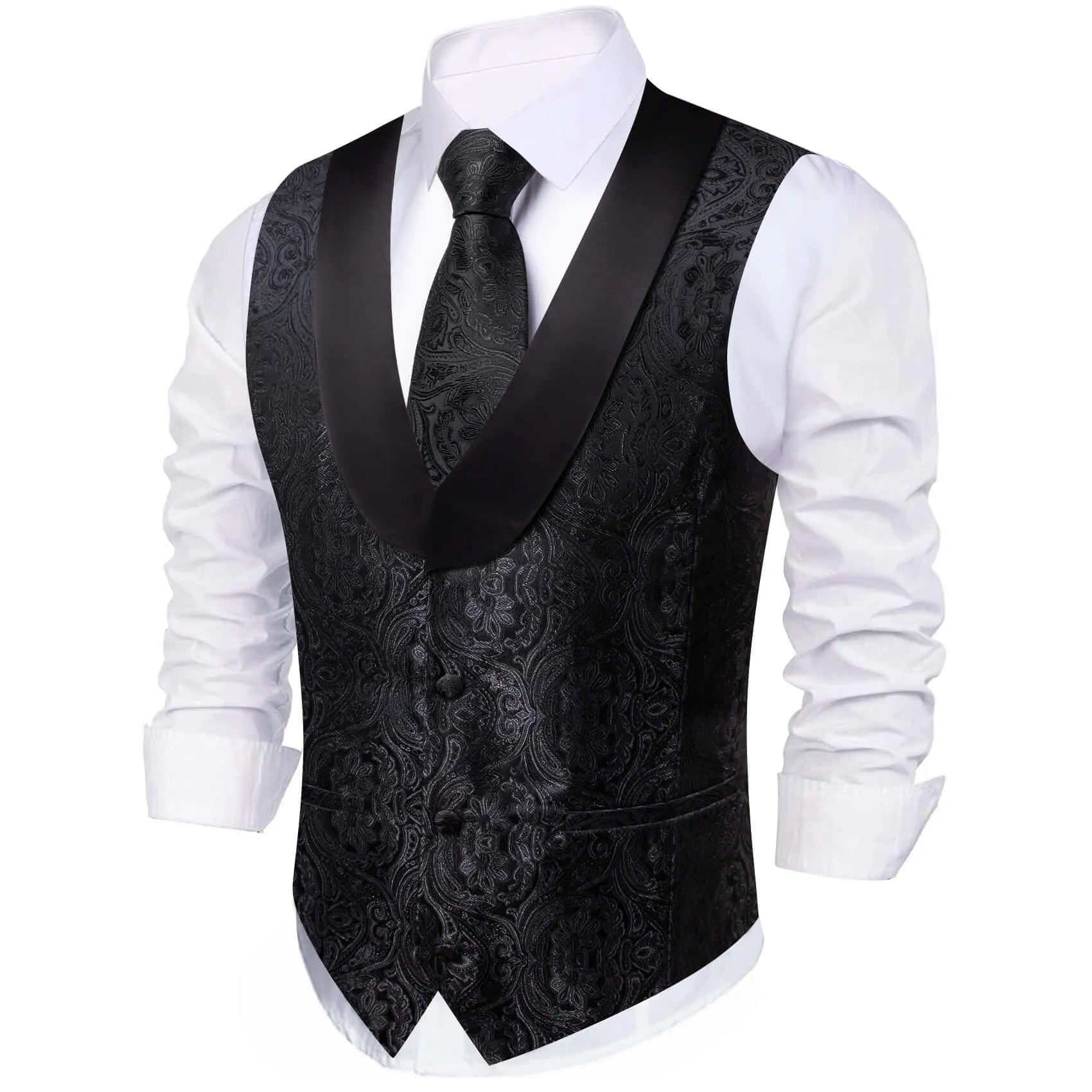 Barry. Wang Mens Shawl Collar Black Paisley Suit Vest Necktie Hanky Cufflinks Set sold by Barrywang product image thumbnail 2