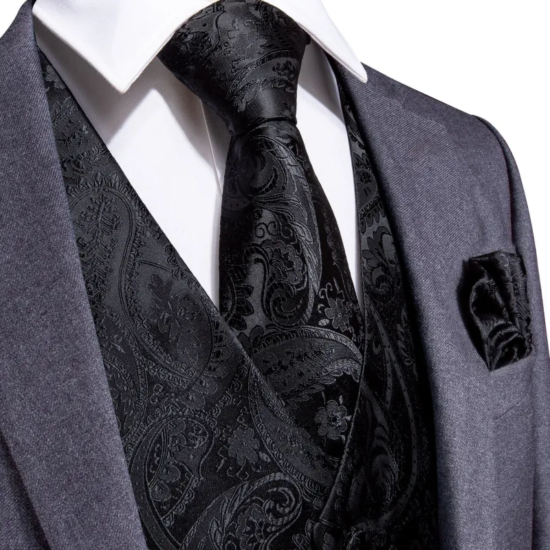 Barry. Wang Black Suit Vest Paisley Jacquard Dress Waistcoat Tie Pocket Square Cufflinks Set made by Barrywang
