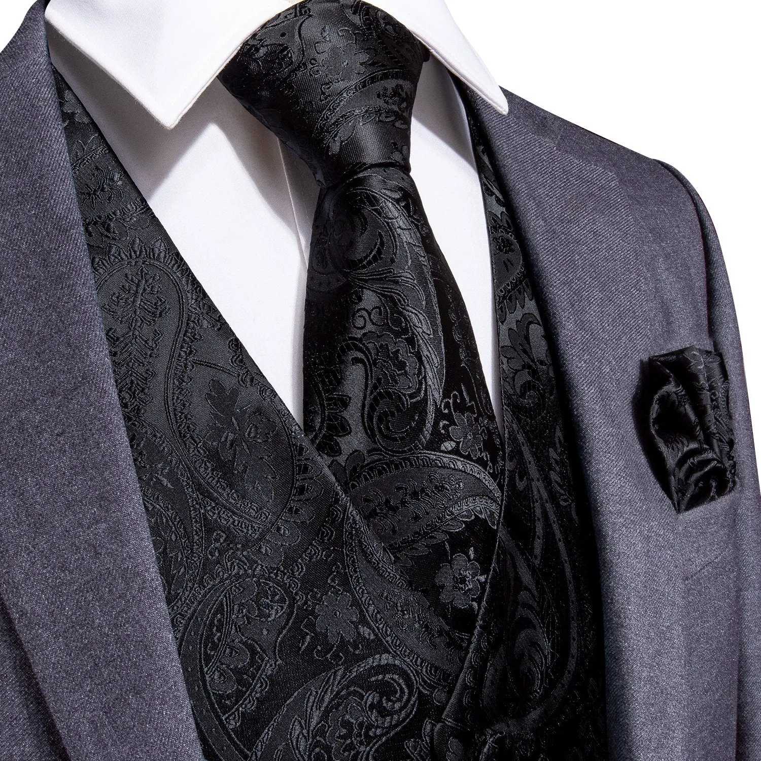 Barry. Wang Black Suit Vest Paisley Jacquard Dress Waistcoat Tie Pocket Square Cufflinks Set sold by Barrywang