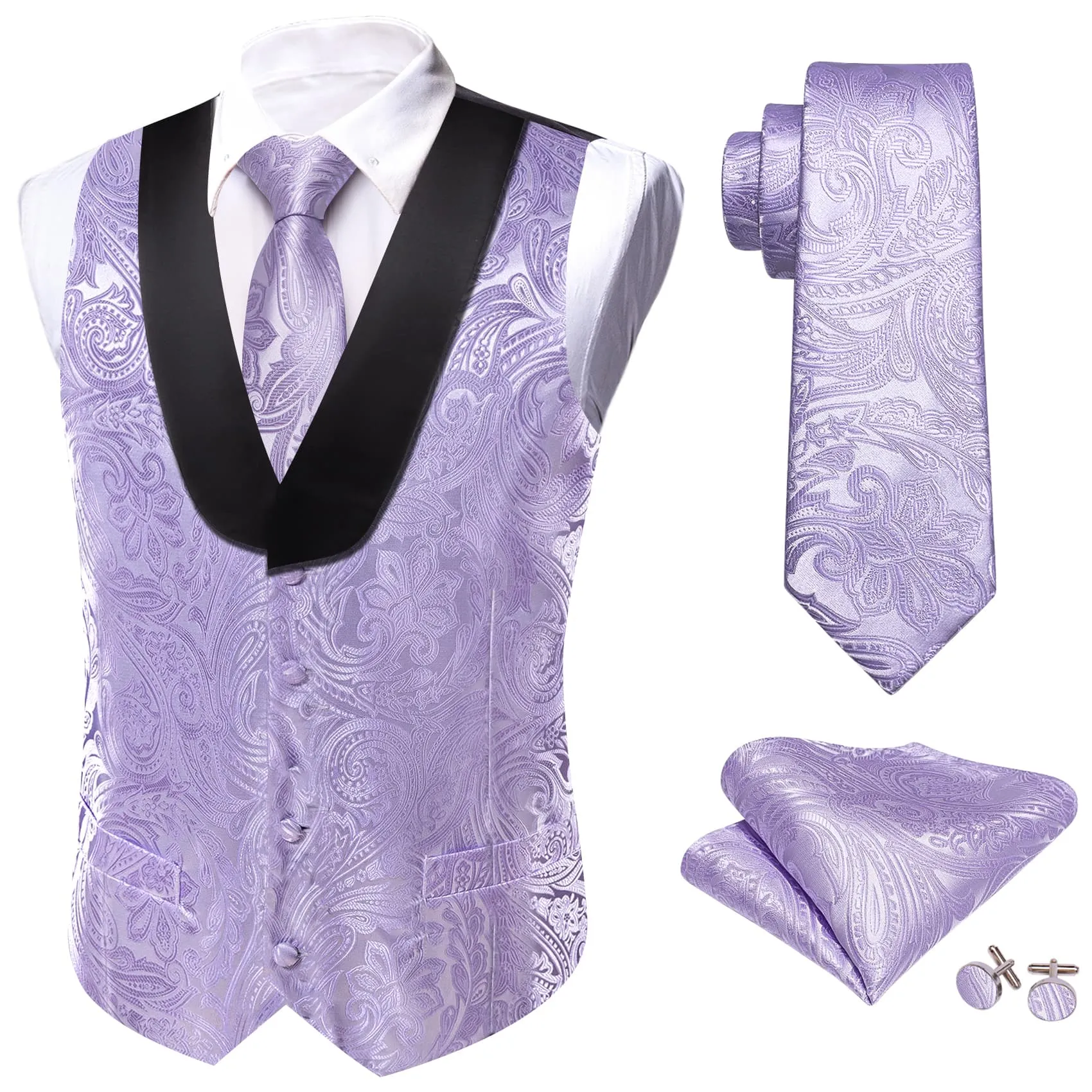 Barry. Wang Shawl Collar Dress Vest Lavender Paisley Tuxedo Vest Tie Hanky Cufflinks Set sold by Barrywang product image thumbnail 2
