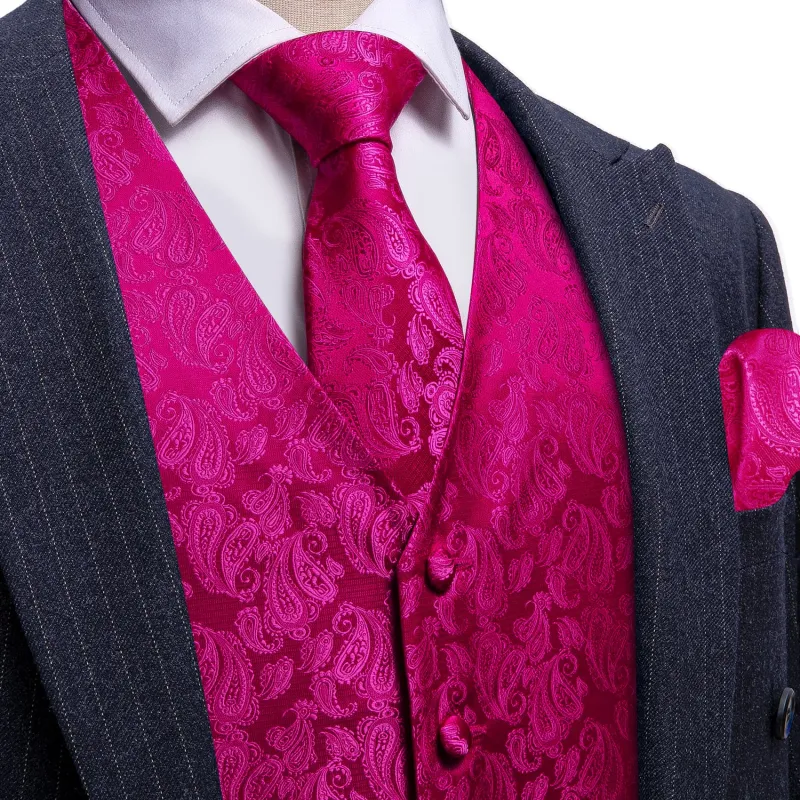 Barry. Wang Mens Silk Hot Pink Vest Paisley Wedding Vest Tie Hanky Cufflinks Set sold by Barrywang
