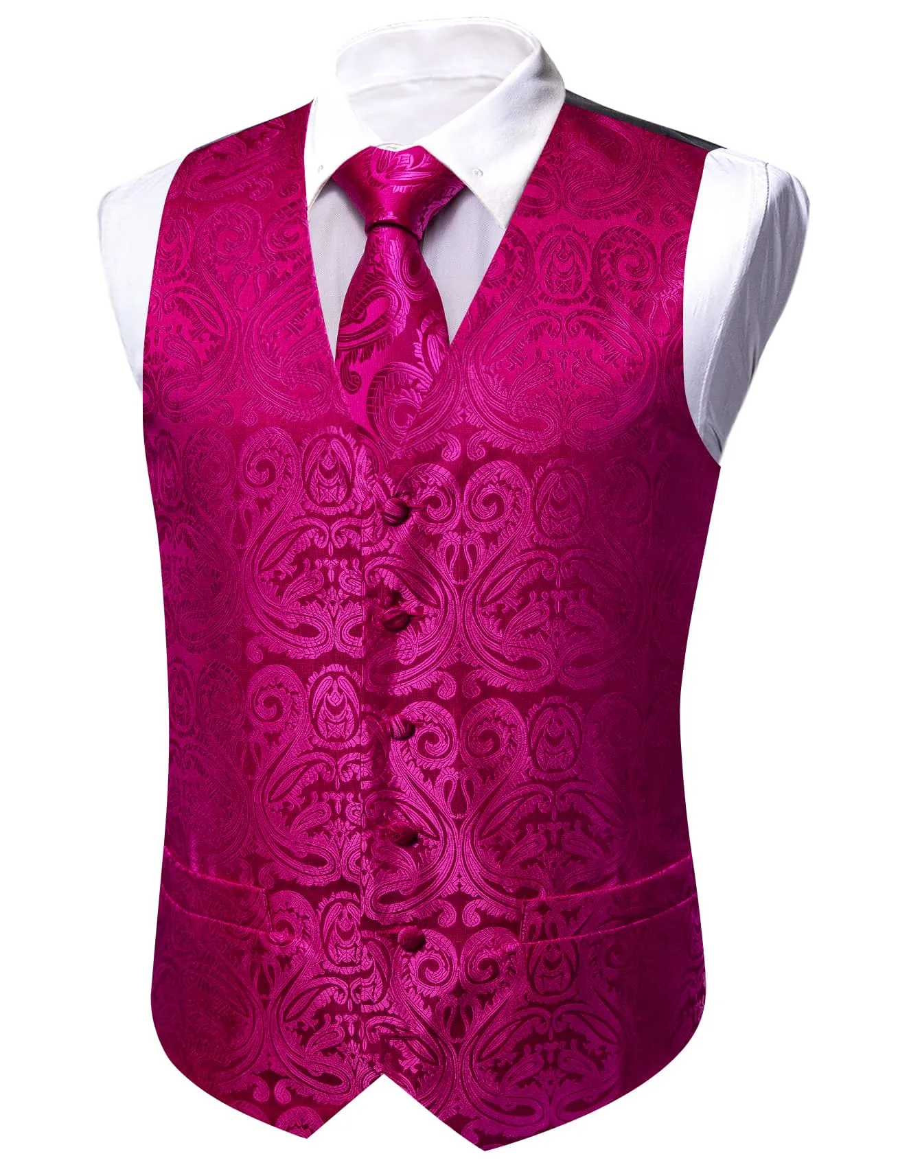 Barry. Wang Hot Pink Silk Vest Paisley 4PCS Silk Tuxedo Vest Necktie Hanky Cufflinks Set sold by Barrywang product image thumbnail 3