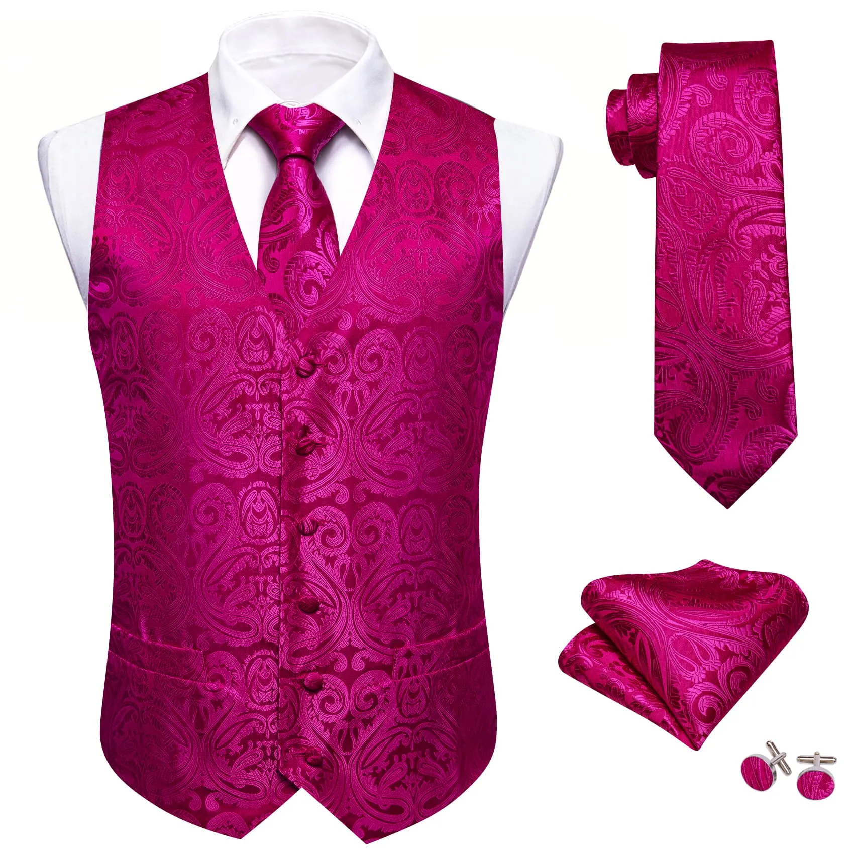 Barry. Wang Hot Pink Silk Vest Paisley 4PCS Silk Tuxedo Vest Necktie Hanky Cufflinks Set sold by Barrywang product image thumbnail 2