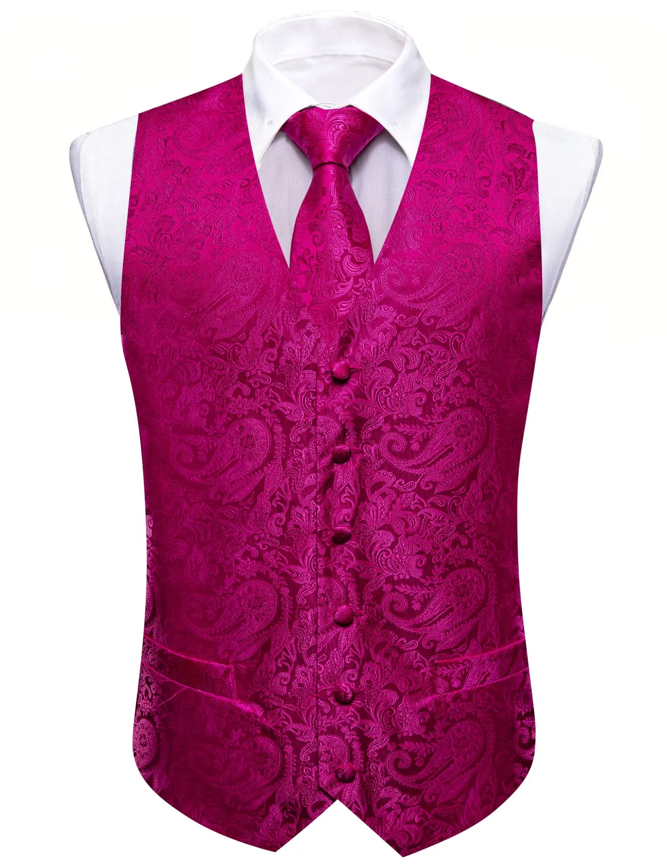 Barry. Wang Hot Pink Formal Vest Paisley Wedding Dress Vest Necktie Hanky Cufflinks Set sold by Barrywang product image thumbnail 4