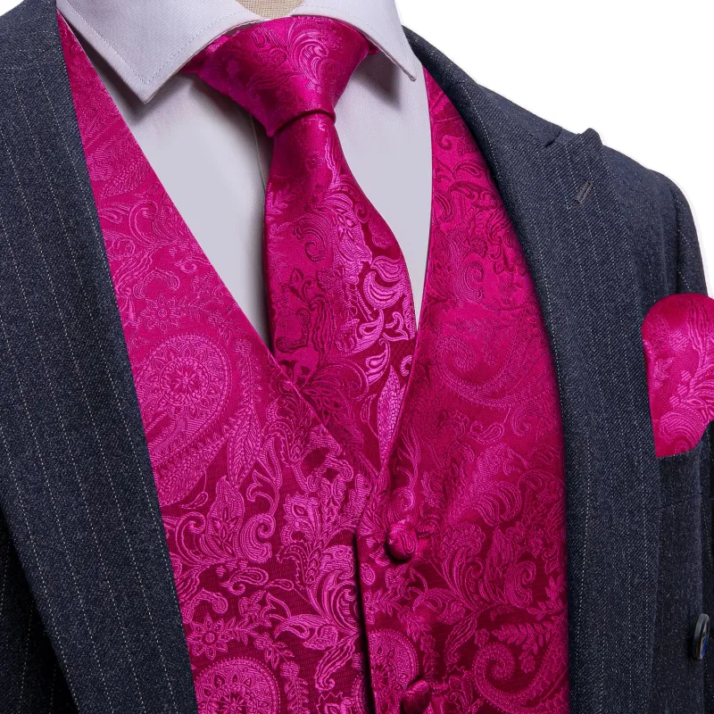 Barry. Wang Hot Pink Formal Vest Paisley Wedding Dress Vest Necktie Hanky Cufflinks Set sold by Barrywang