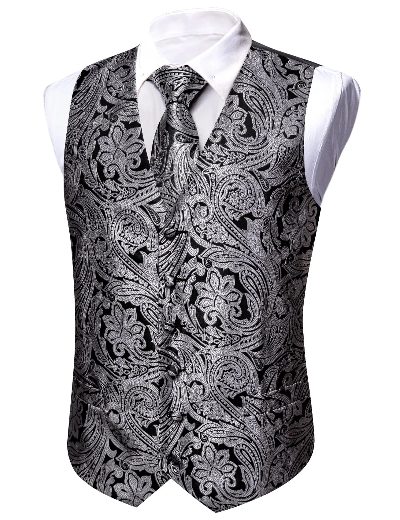 Barry.Wang Vintage Western Waistcoat Silver Paisley Casual Vest Tie Hanky Cufflinks Set sold by Barrywang product image thumbnail 5