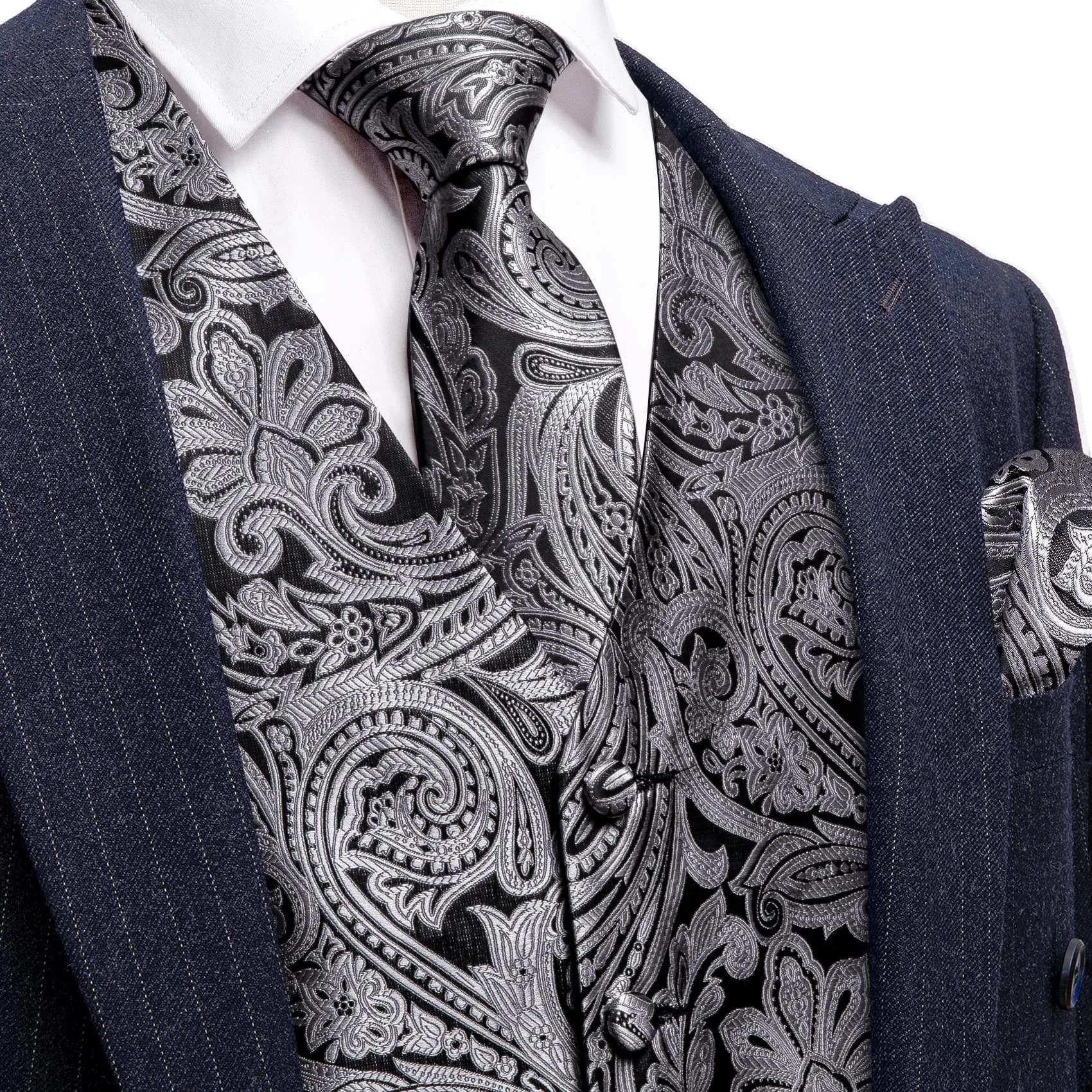 Barry.Wang Vintage Western Waistcoat Silver Paisley Casual Vest Tie Hanky Cufflinks Set sold by Barrywang