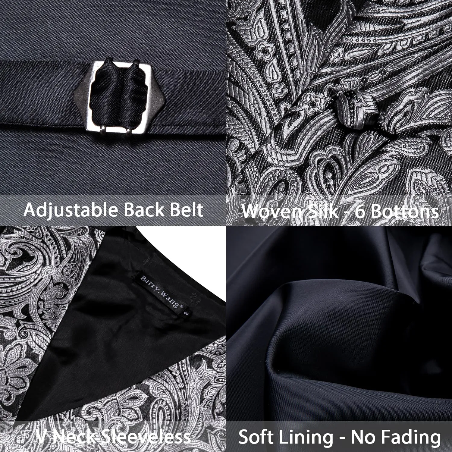 Barry.Wang Vintage Western Waistcoat Silver Paisley Casual Vest Tie Hanky Cufflinks Set sold by Barrywang product image thumbnail 4