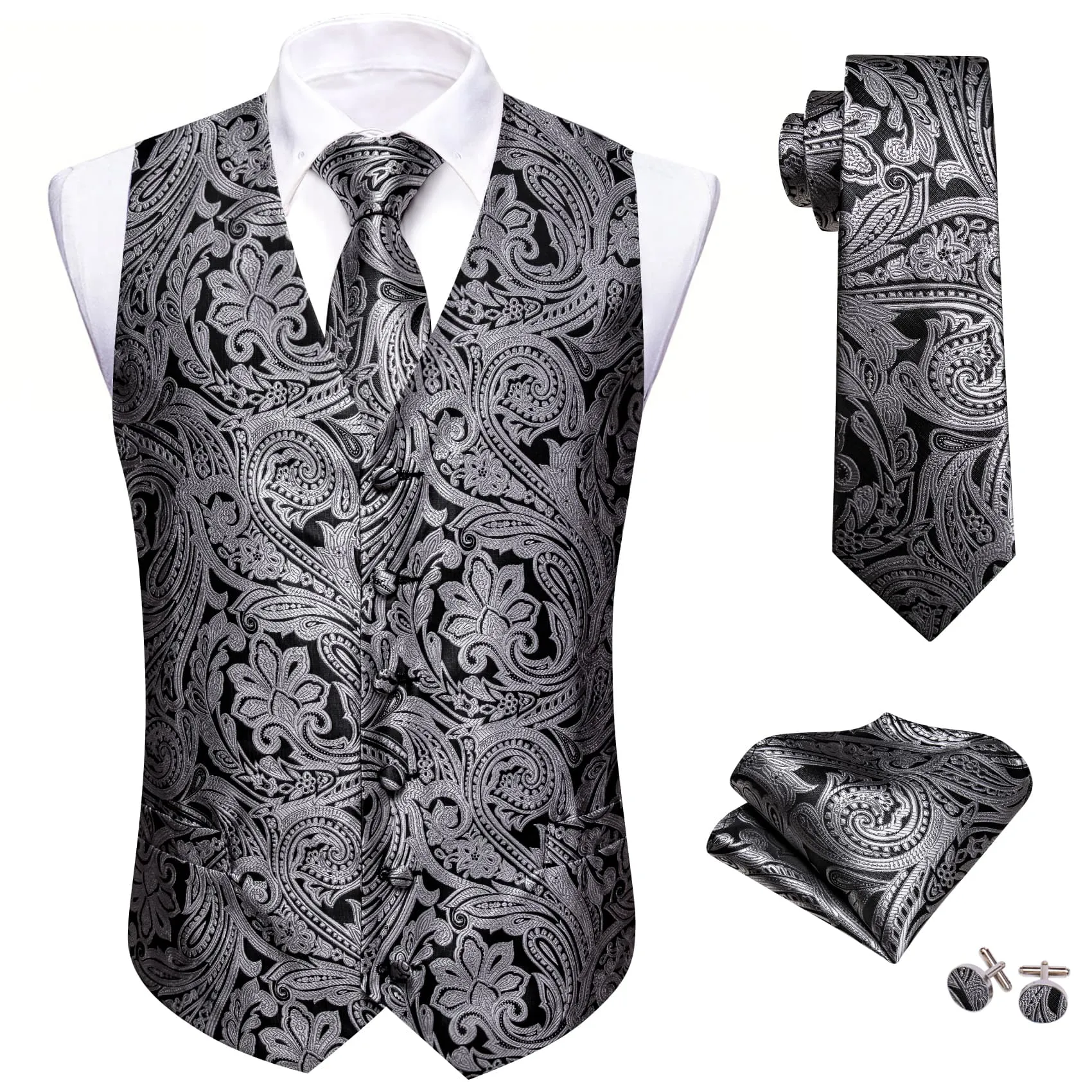 Barry.Wang Vintage Western Waistcoat Silver Paisley Casual Vest Tie Hanky Cufflinks Set sold by Barrywang product image thumbnail 2