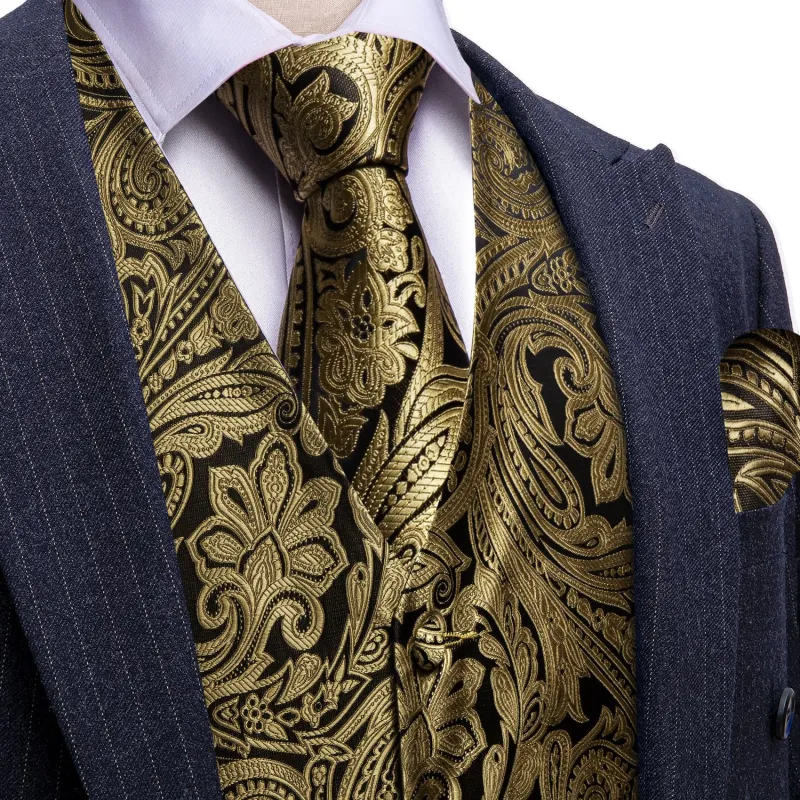 Barry. Wang Mens Gold Paisley Vest Vintage Western V-neck Waistcoat Tie Hanky Cufflinks Set sold by Barrywang