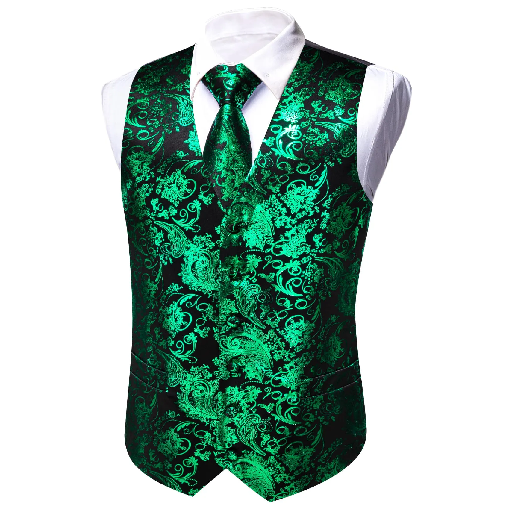 Barry. Wang Emerald Green Suit Vest Floral V-neck Dress Vest Tie Hanky Cufflinks Set sold by Barrywang product image thumbnail 3