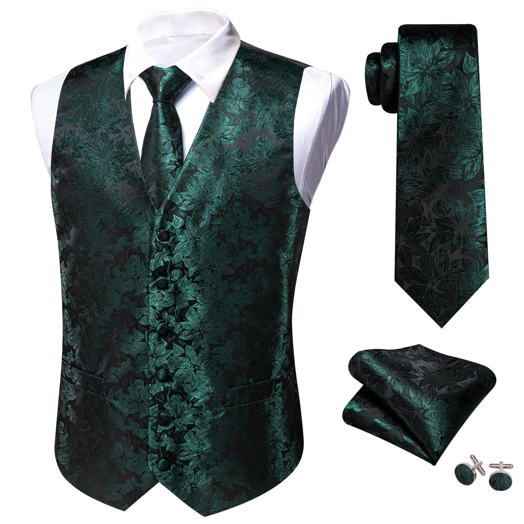 Barry. Wang Floral Retro Casual Vest Hunter Green Outdoor Corduroy Vest Tie Hanky Cufflinks Set sold by Barrywang product image thumbnail 5