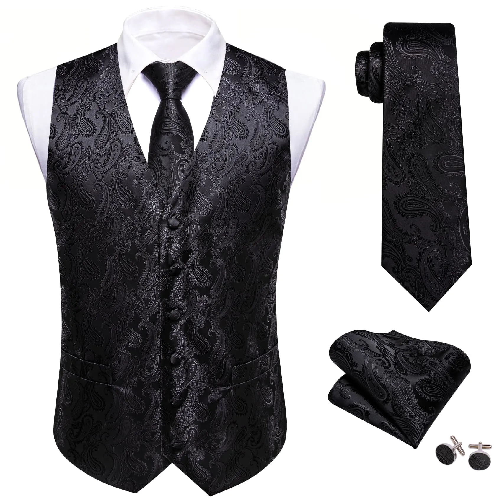 Barry. Wang Paisely Retro Cowboy Vest for Men Black Casual Vest Tie Hanky Cufflinks Set sold by Barrywang product image thumbnail 4