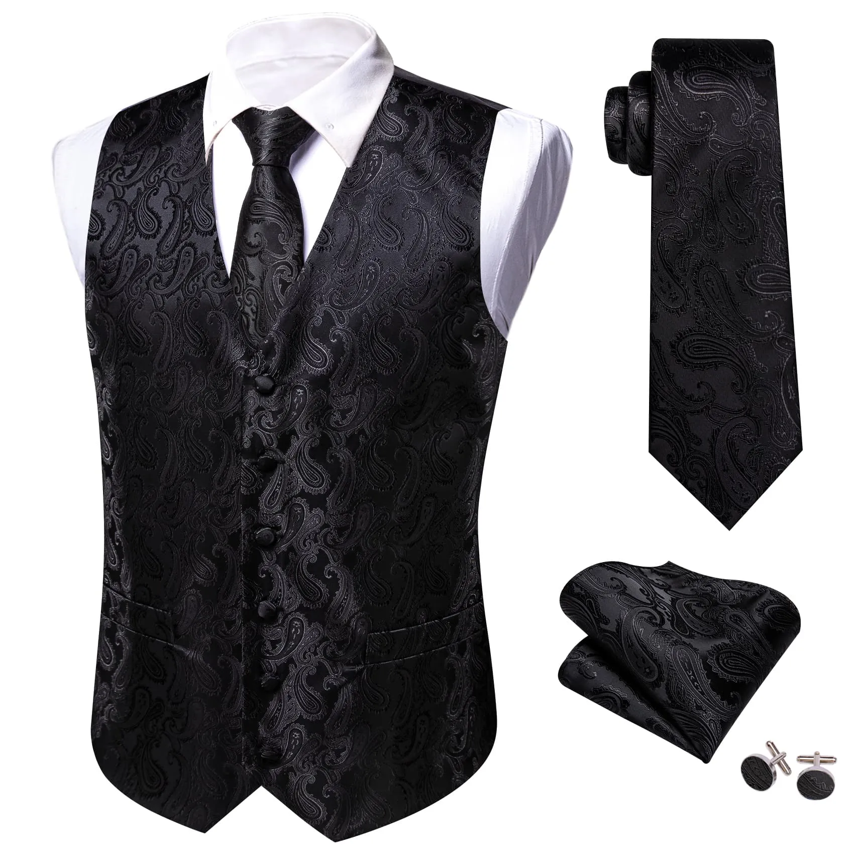 Barry. Wang Paisely Retro Cowboy Vest for Men Black Casual Vest Tie Hanky Cufflinks Set sold by Barrywang product image thumbnail 5