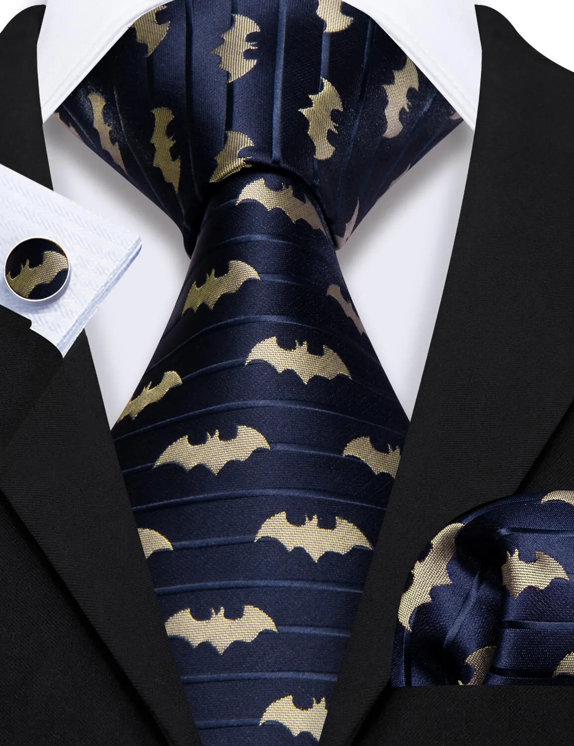 Barry. Wang Navy Blue Necktie Champagne Bat Tie Pocket Square Cufflinks Set for Holiday sold by Barrywang product image thumbnail 2