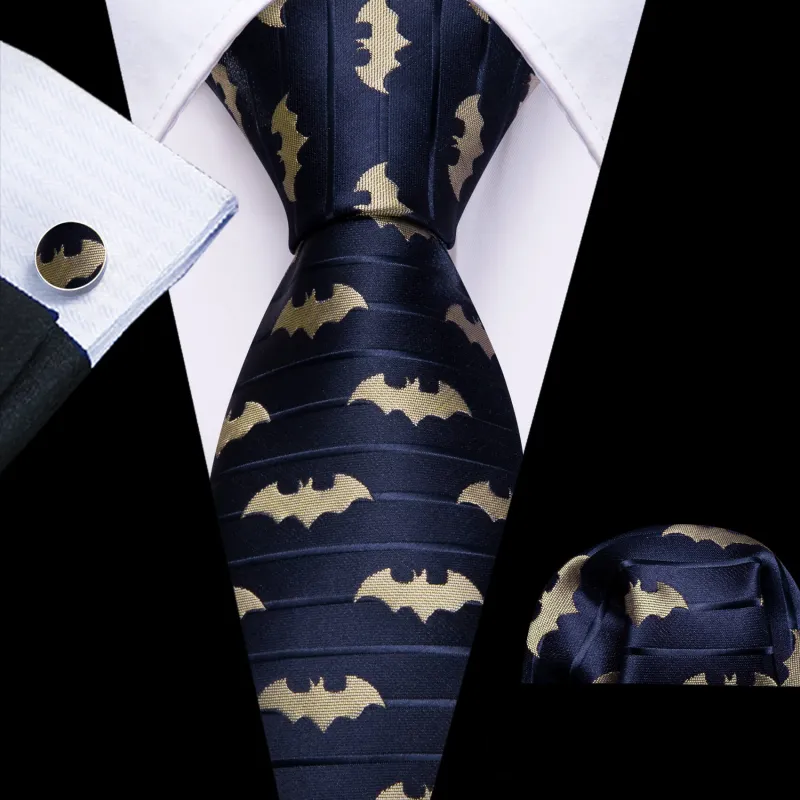 Barry. Wang Navy Blue Necktie Champagne Bat Tie Pocket Square Cufflinks Set for Holiday sold by Barrywang