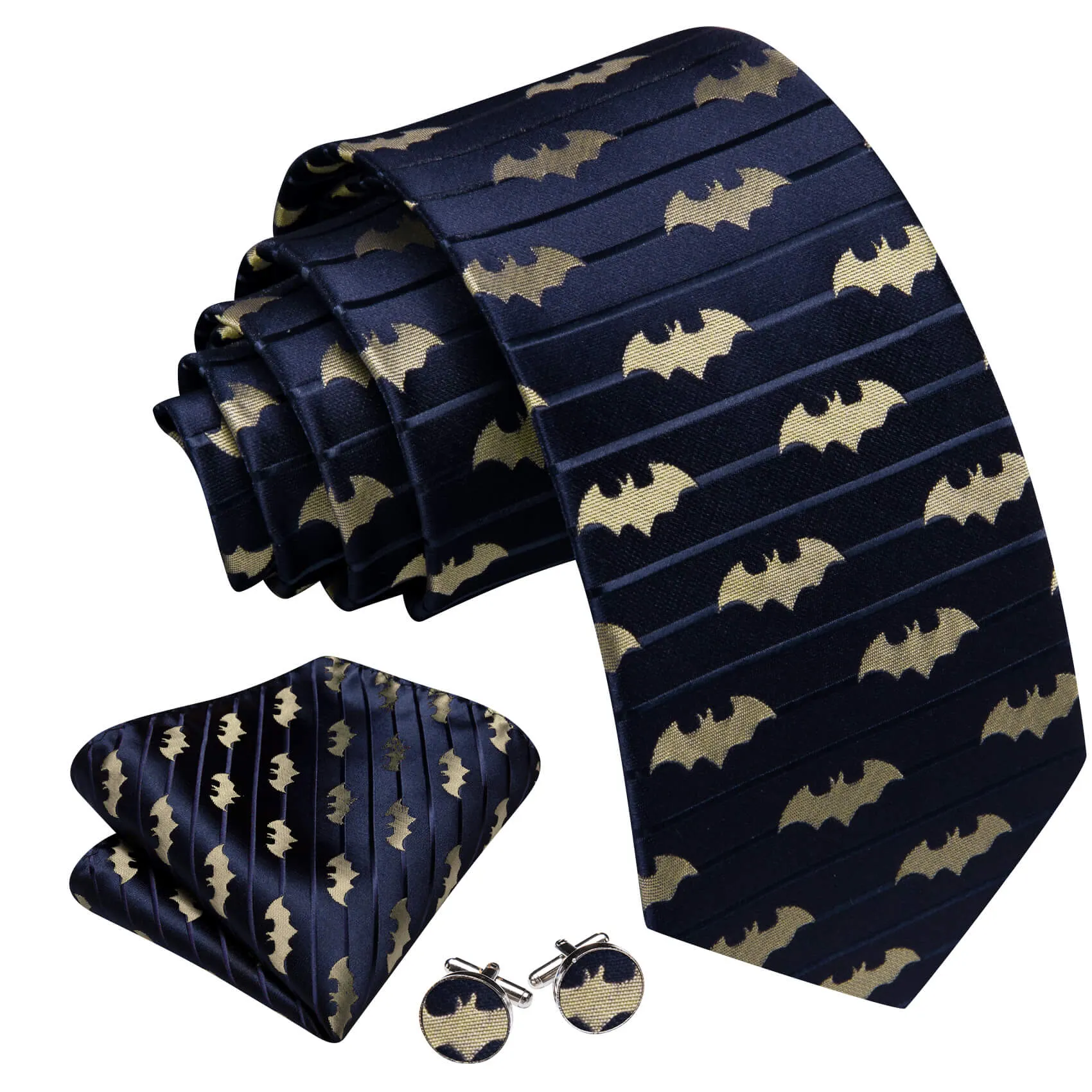 Barry. Wang Navy Blue Necktie Champagne Bat Tie Pocket Square Cufflinks Set for Holiday sold by Barrywang product image thumbnail 3