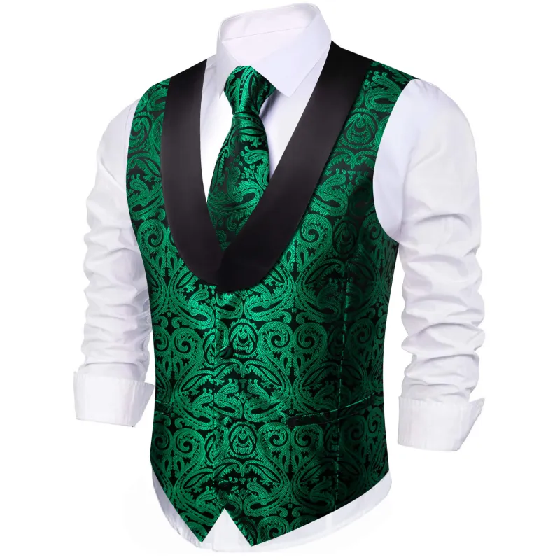 Barry. Wang Mens Shawl Collar Emerald Green Paisley Suit Vest Necktie Hanky Cufflinks Set sold by Barrywang