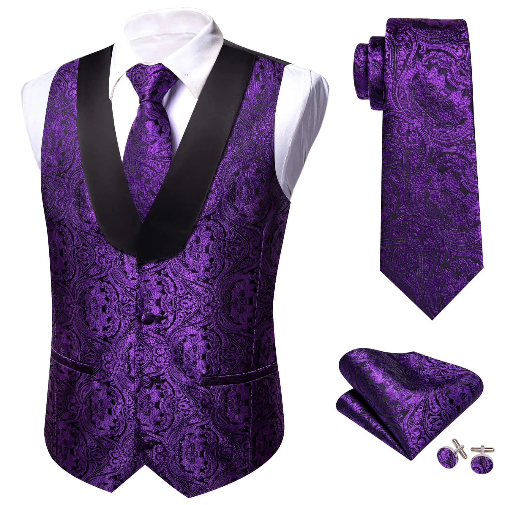 Barry. Wang Purple Shawl Collar Vest Formal Paisley Suit Vest Tie Hanky Cufflinks Set sold by Barrywang product image thumbnail 3