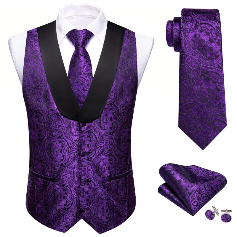 Barry. Wang Purple Shawl Collar Vest Formal Paisley Suit Vest Tie Hanky Cufflinks Set sold by Barrywang