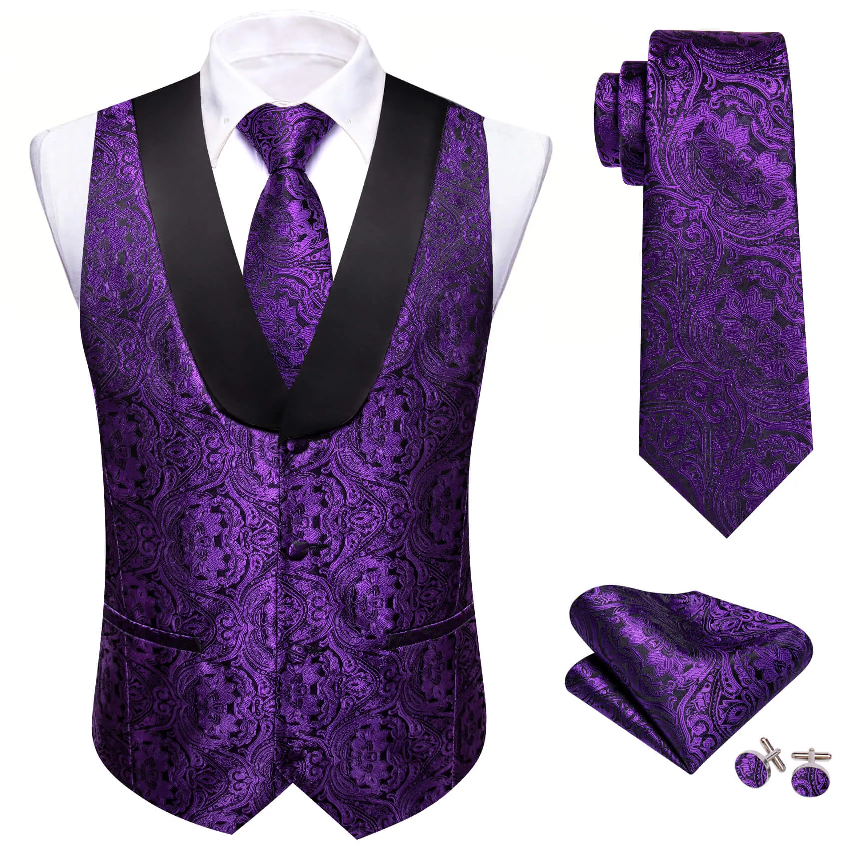 Barry. Wang Purple Shawl Collar Vest Formal Paisley Suit Vest Tie Hanky Cufflinks Set sold by Barrywang