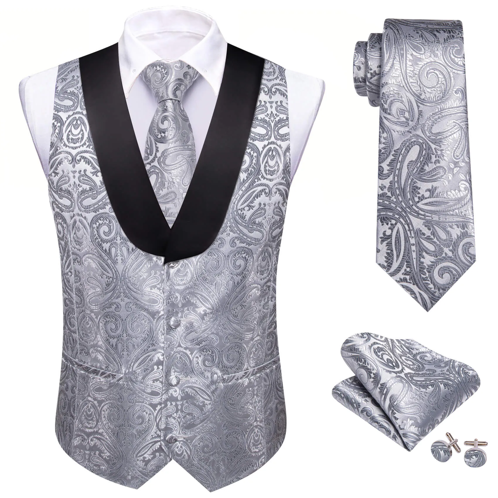 Barry. Wang Silver Paisley Suit Vest Shawl Collar Party Dress Vest Tie Hanky Cufflinks Set sold by Barrywang product image thumbnail 2
