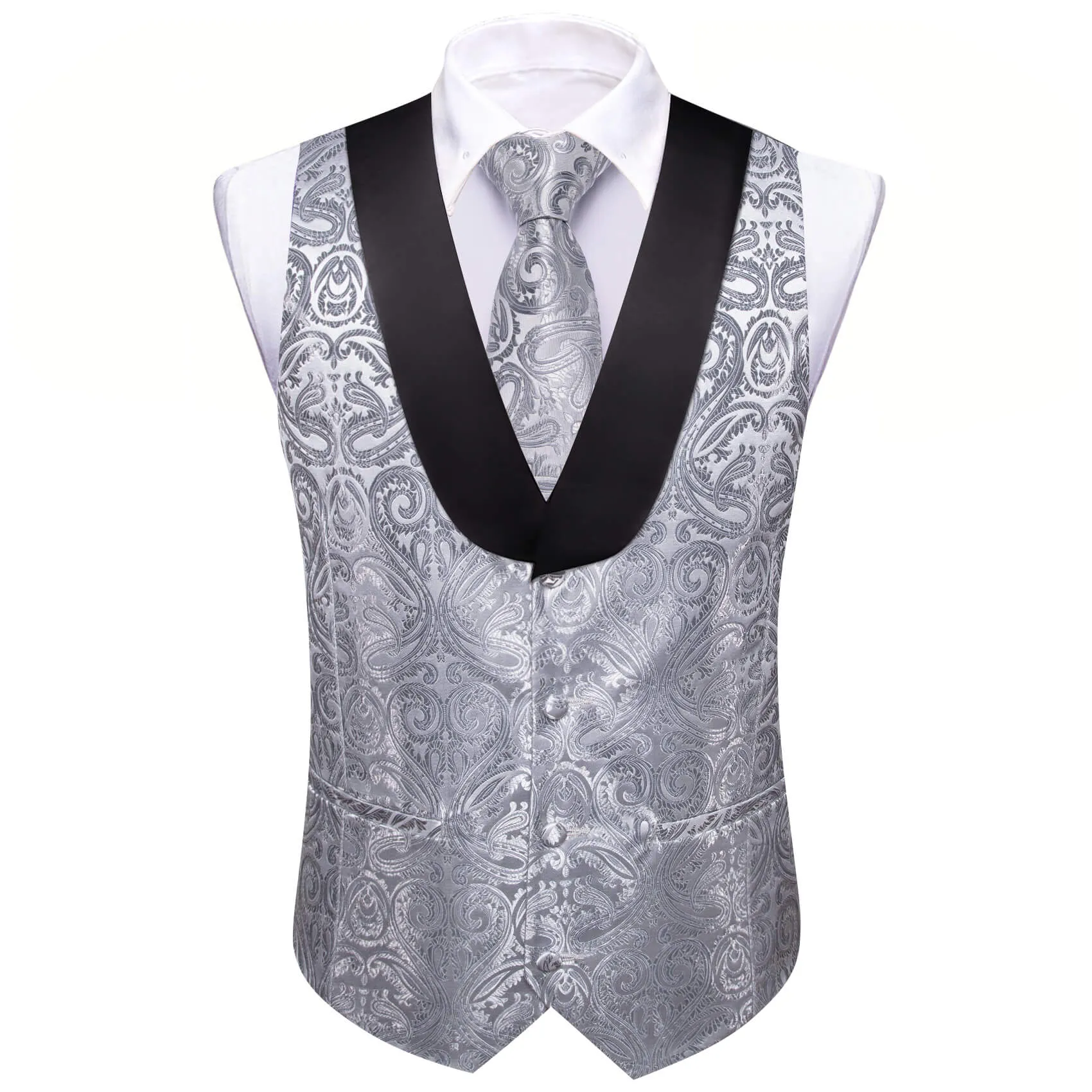 Barry. Wang Silver Paisley Suit Vest Shawl Collar Party Dress Vest Tie Hanky Cufflinks Set sold by Barrywang product image thumbnail 4