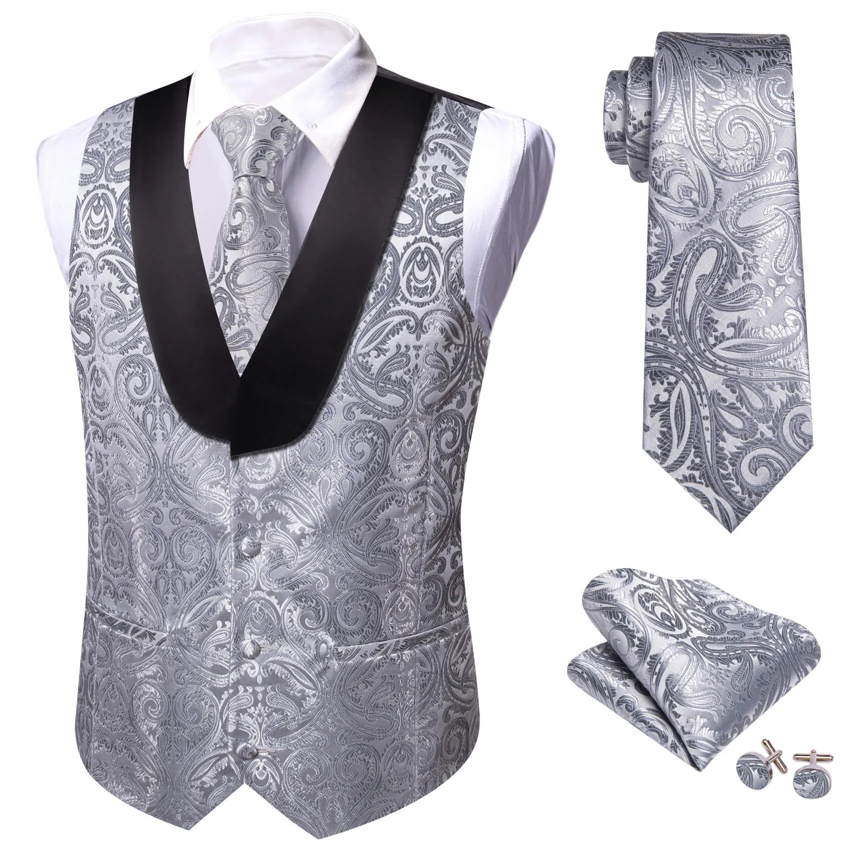 Barry. Wang Silver Paisley Suit Vest Shawl Collar Party Dress Vest Tie Hanky Cufflinks Set sold by Barrywang product image thumbnail 3