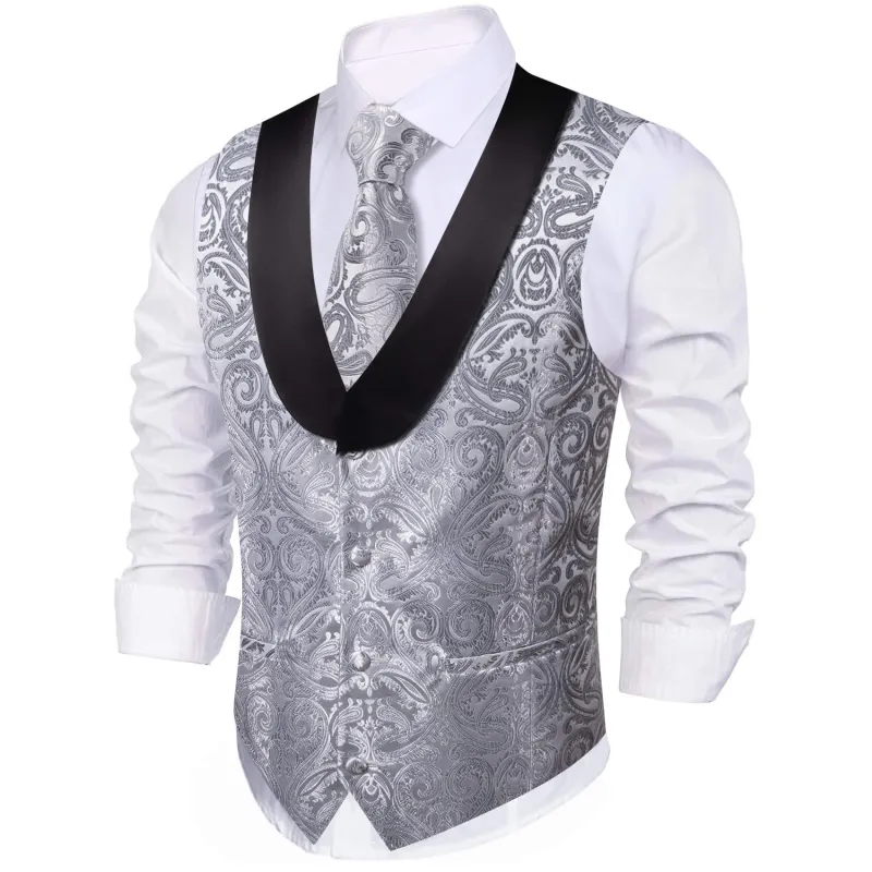 Barry. Wang Silver Paisley Suit Vest Shawl Collar Party Dress Vest Tie Hanky Cufflinks Set sold by Barrywang