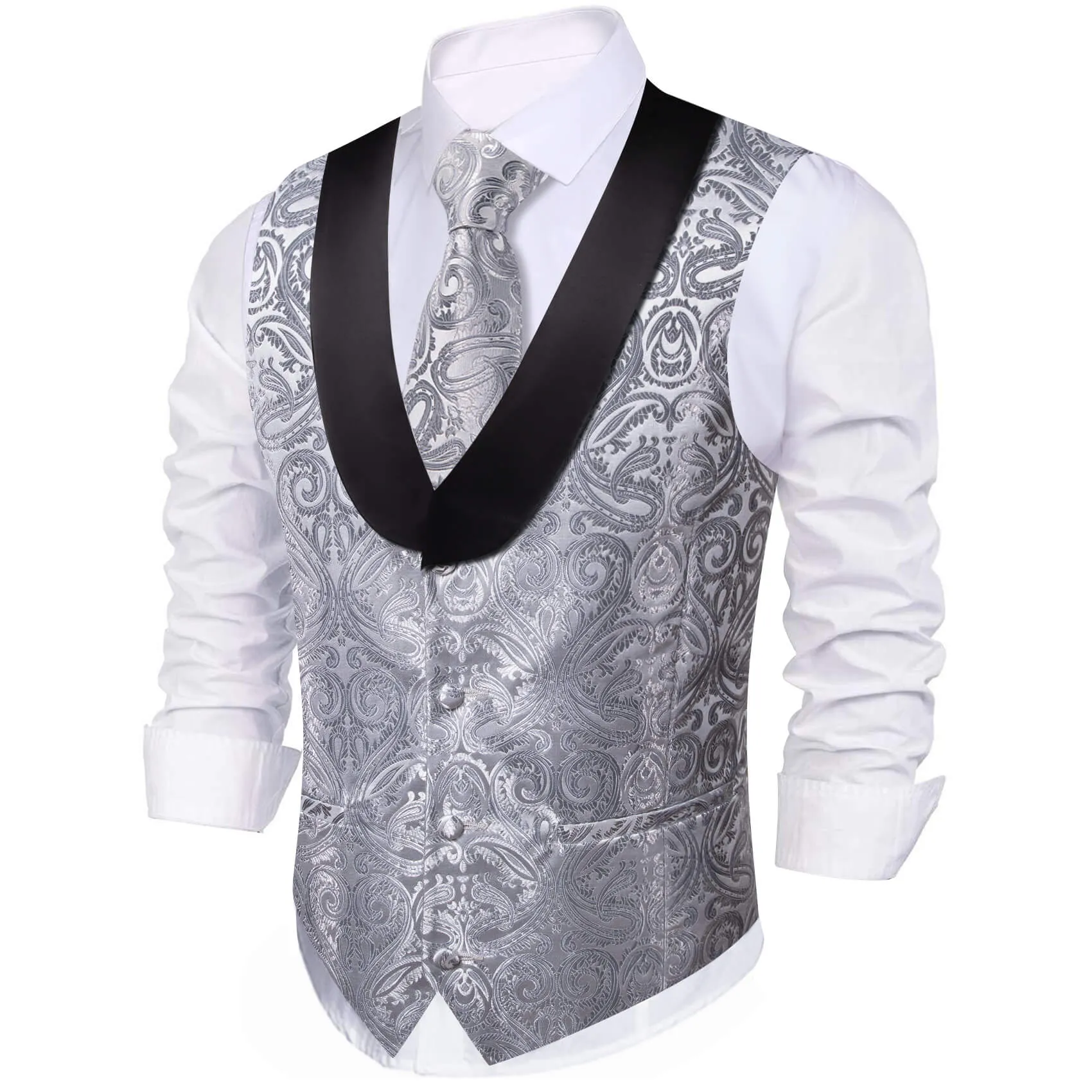 Barry. Wang Silver Paisley Suit Vest Shawl Collar Party Dress Vest Tie Hanky Cufflinks Set sold by Barrywang