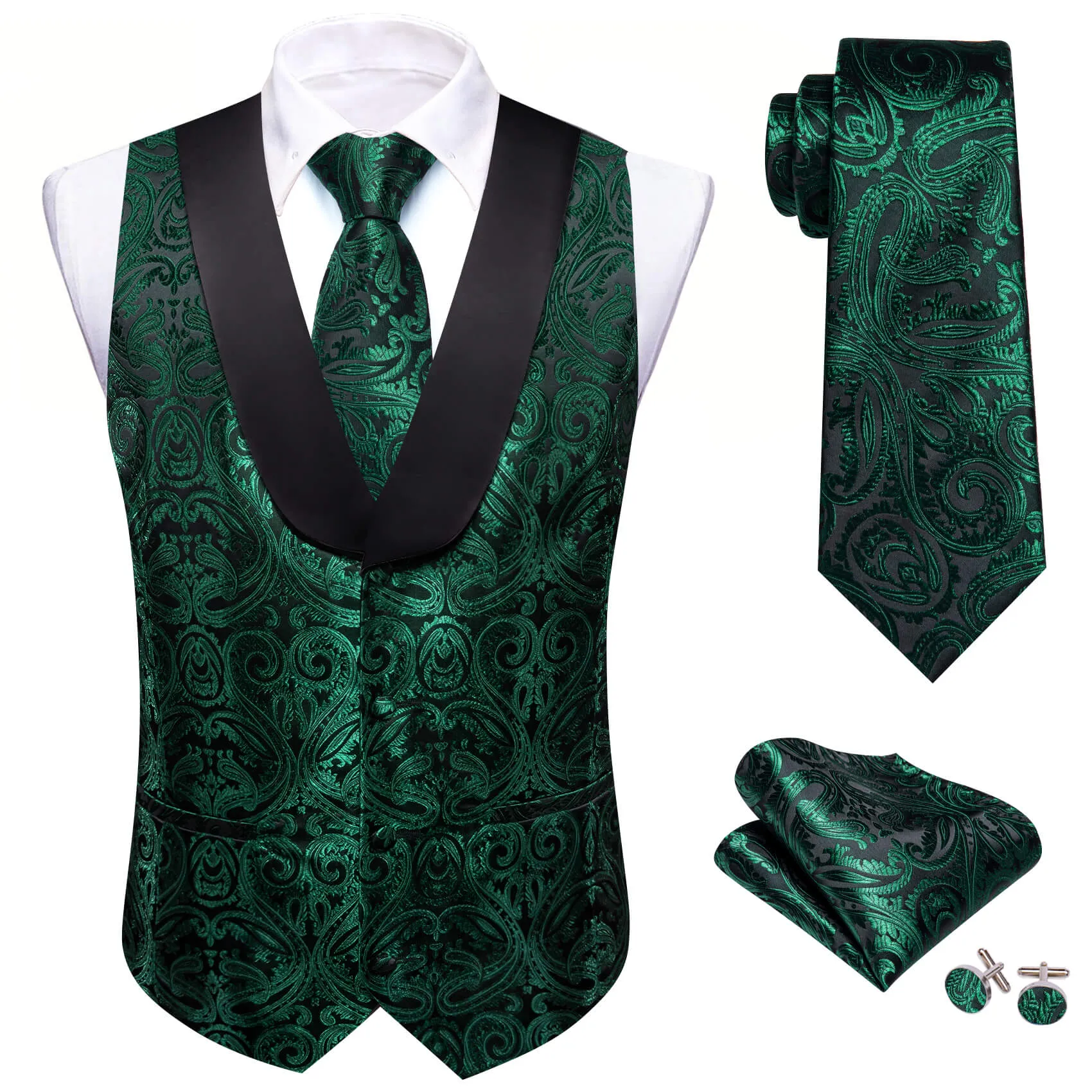 Barry. Wang Green Shawl Collar Vest Formal Paisley Suit Vest Tie Hanky Cufflinks Set sold by Barrywang product image thumbnail 2