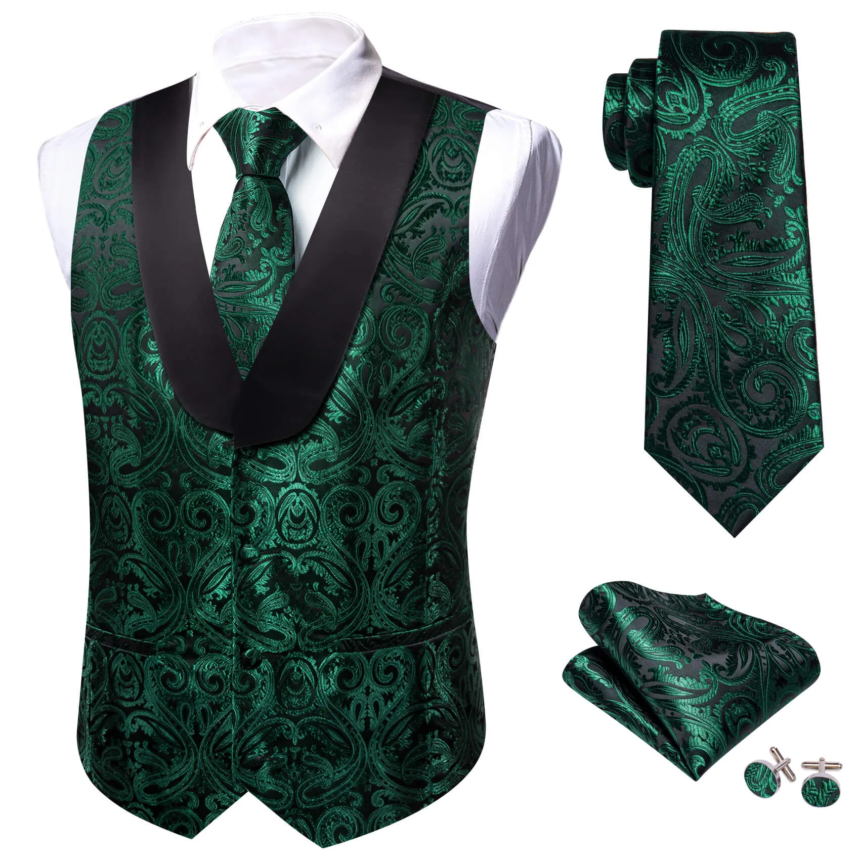 Barry. Wang Green Shawl Collar Vest Formal Paisley Suit Vest Tie Hanky Cufflinks Set sold by Barrywang product image thumbnail 3