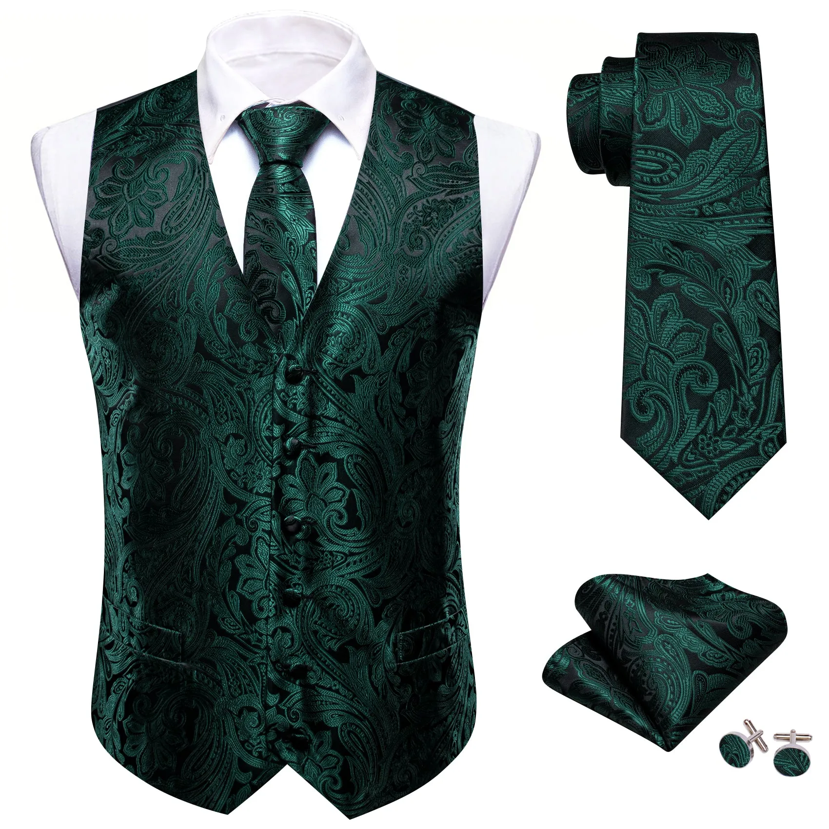 Barry. Wang Hunter Green Vest Suit 4PCS Paisley Tuxedo Vest Necktie Hanky Cufflinks Set sold by Barrywang product image thumbnail 5