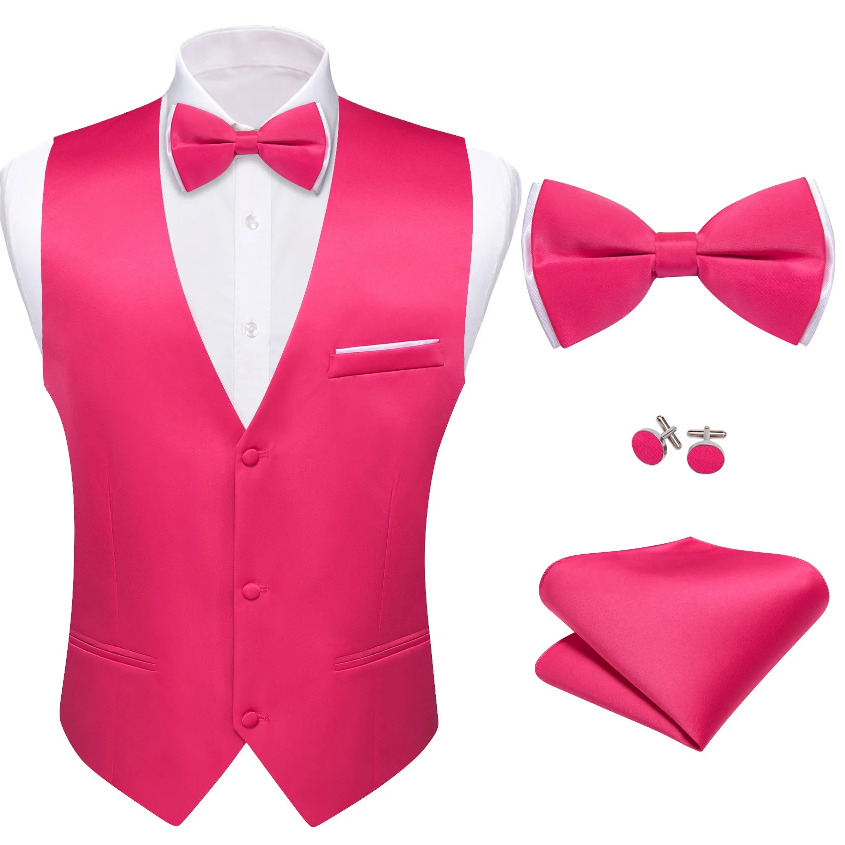 Barry. Wang Silk Hot Pink Suit Vest Solid Prom Tuxedo Vest Bowtie Hanky Cufflinks Set sold by Barrywang product image thumbnail 3