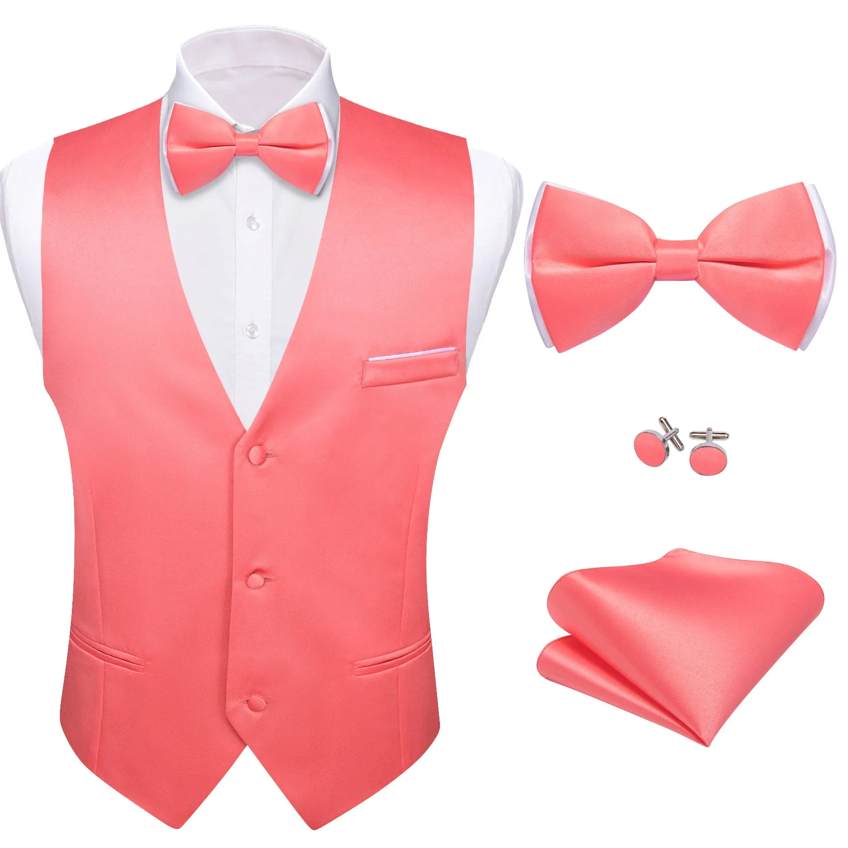 Barry. Wang Mens Salmon Pink Suit Vest Solid V-neck Formal Vest Bowtie Hanky Cufflinks Set sold by Barrywang product image thumbnail 3