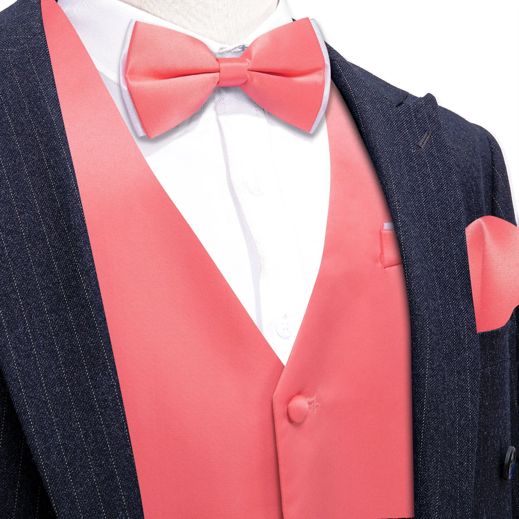 Barry. Wang Mens Salmon Pink Suit Vest Solid V-neck Formal Vest Bowtie Hanky Cufflinks Set sold by Barrywang product image thumbnail 2