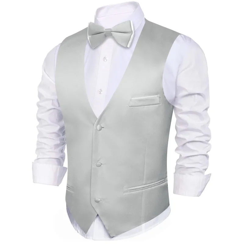 Barry. Wang Mens Dress Waistcoat Silver Solid V-neck Formal Vest Bowtie Hanky Cufflinks Set sold by Barrywang