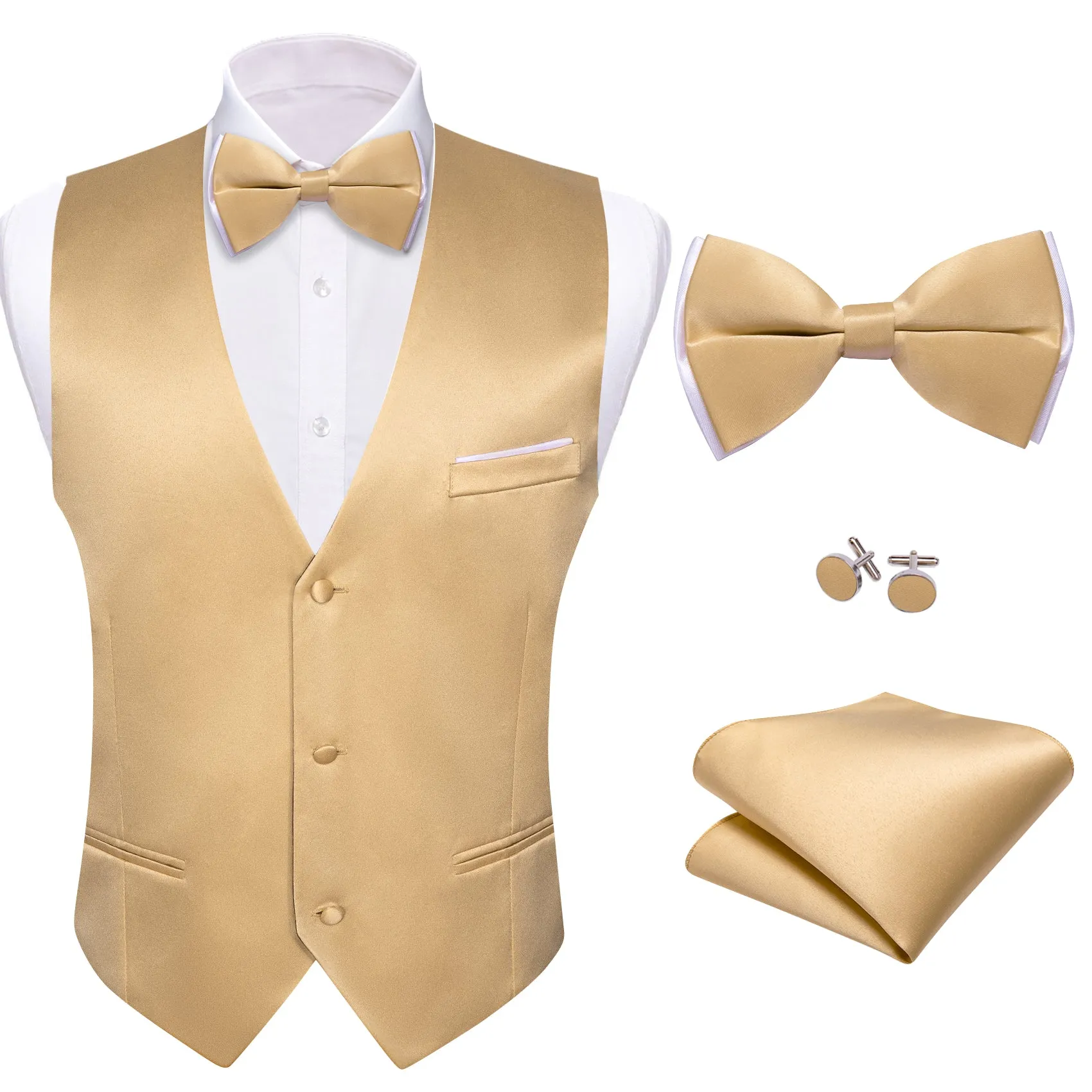 Barry. Wang Mens Tan Suit Vest Solid Wedding 4PCS Formal Vest Bowtie Hanky Cufflinks Set sold by Barrywang product image thumbnail 3