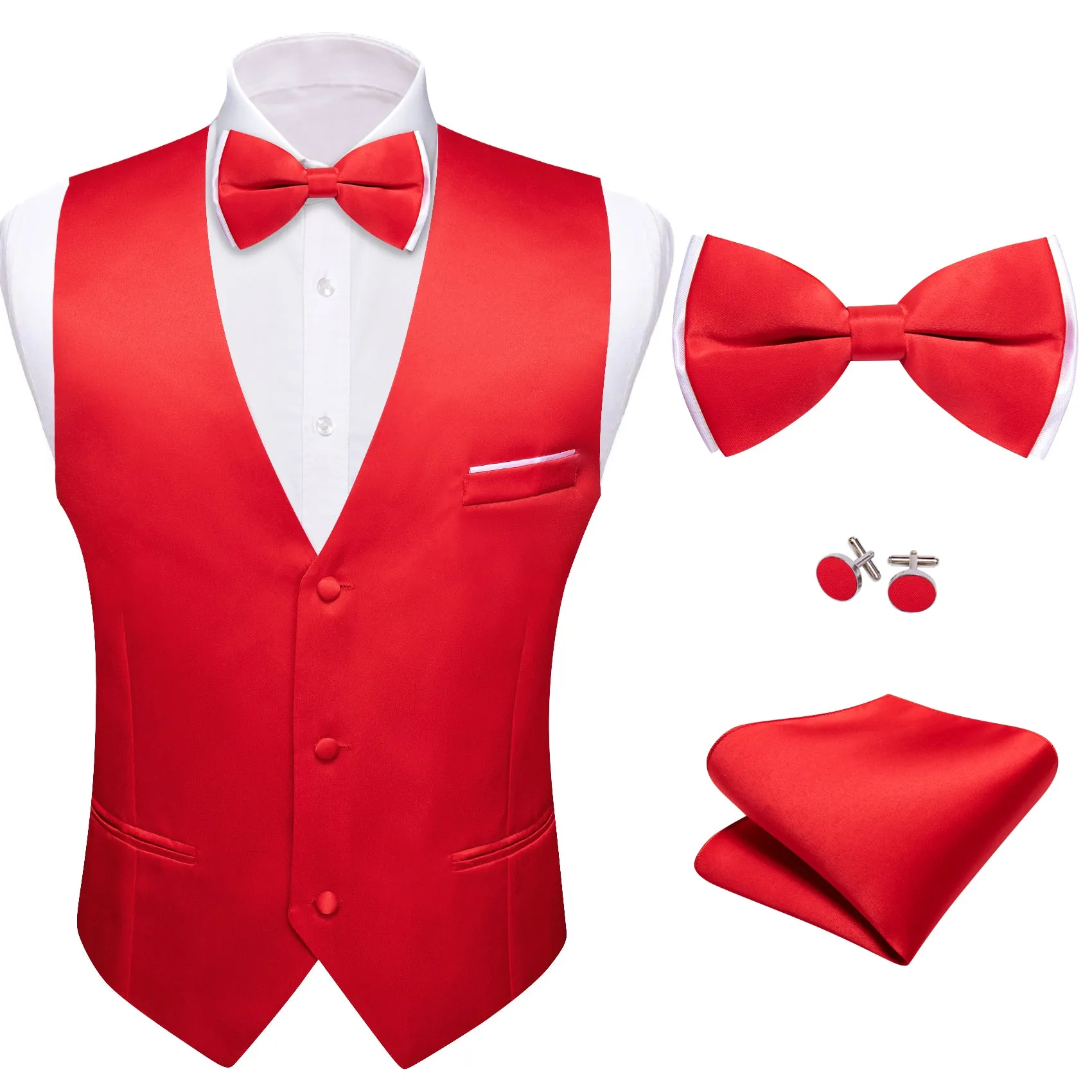 Barry. Wang Mens Red Suit Vest Solid Formal Wedding Vest Bowtie Hanky Cufflinks Set sold by Barrywang product image thumbnail 3