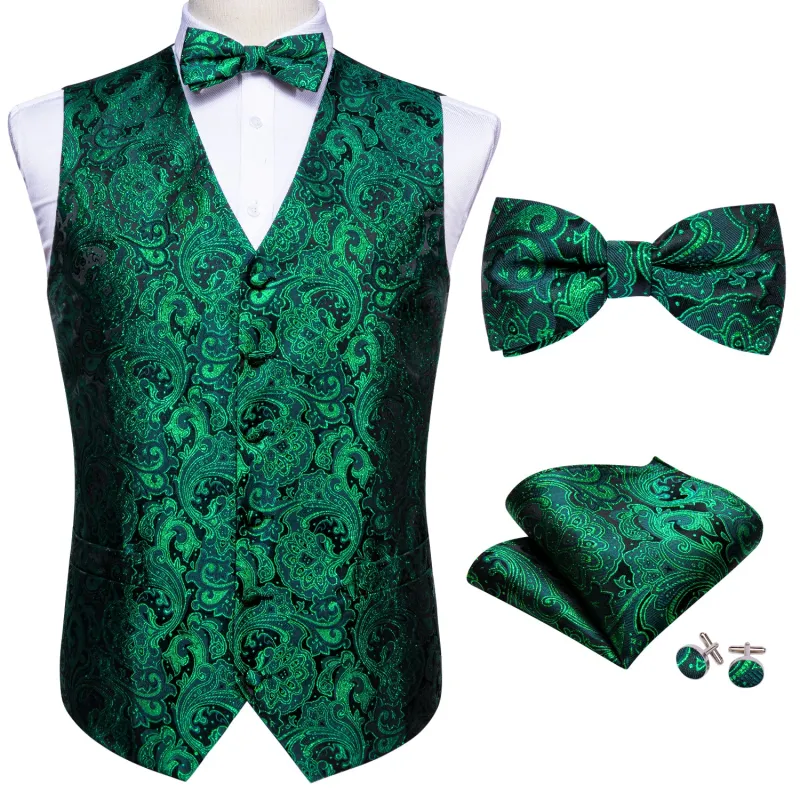 Barry. Wang Green Paisley Suit Vest V-neck Wedding Dress Waistcoat Bowtie Pocket Square Set sold by Barrywang